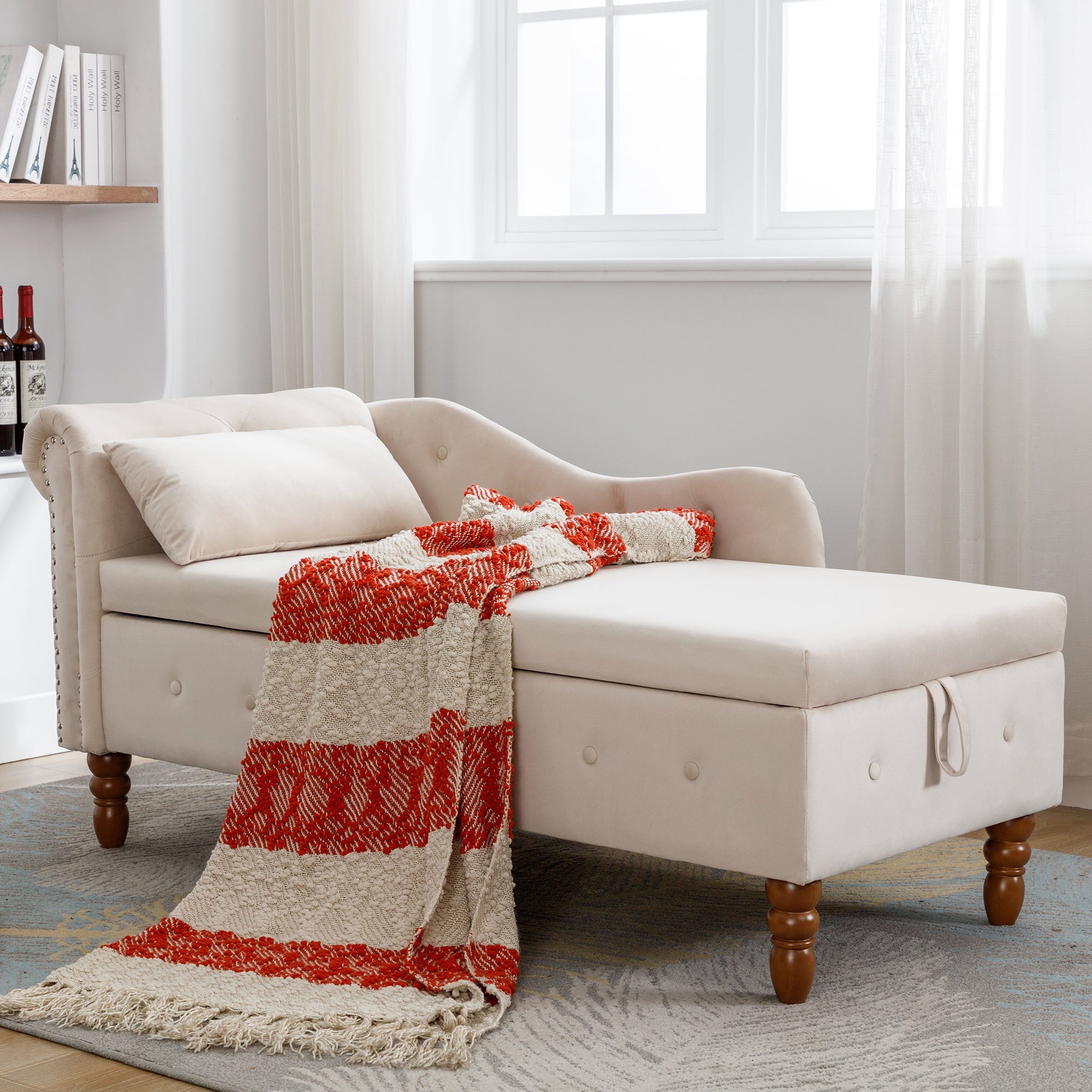 Tufted Velvet Upholstered Rolled Arm Nailhead Chaise Lounge