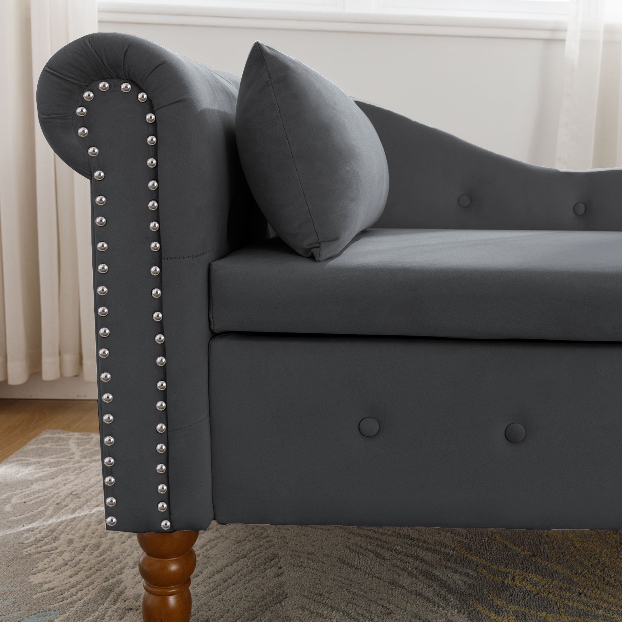 Tufted Velvet Upholstered Rolled Arm Nailhead Chaise Lounge