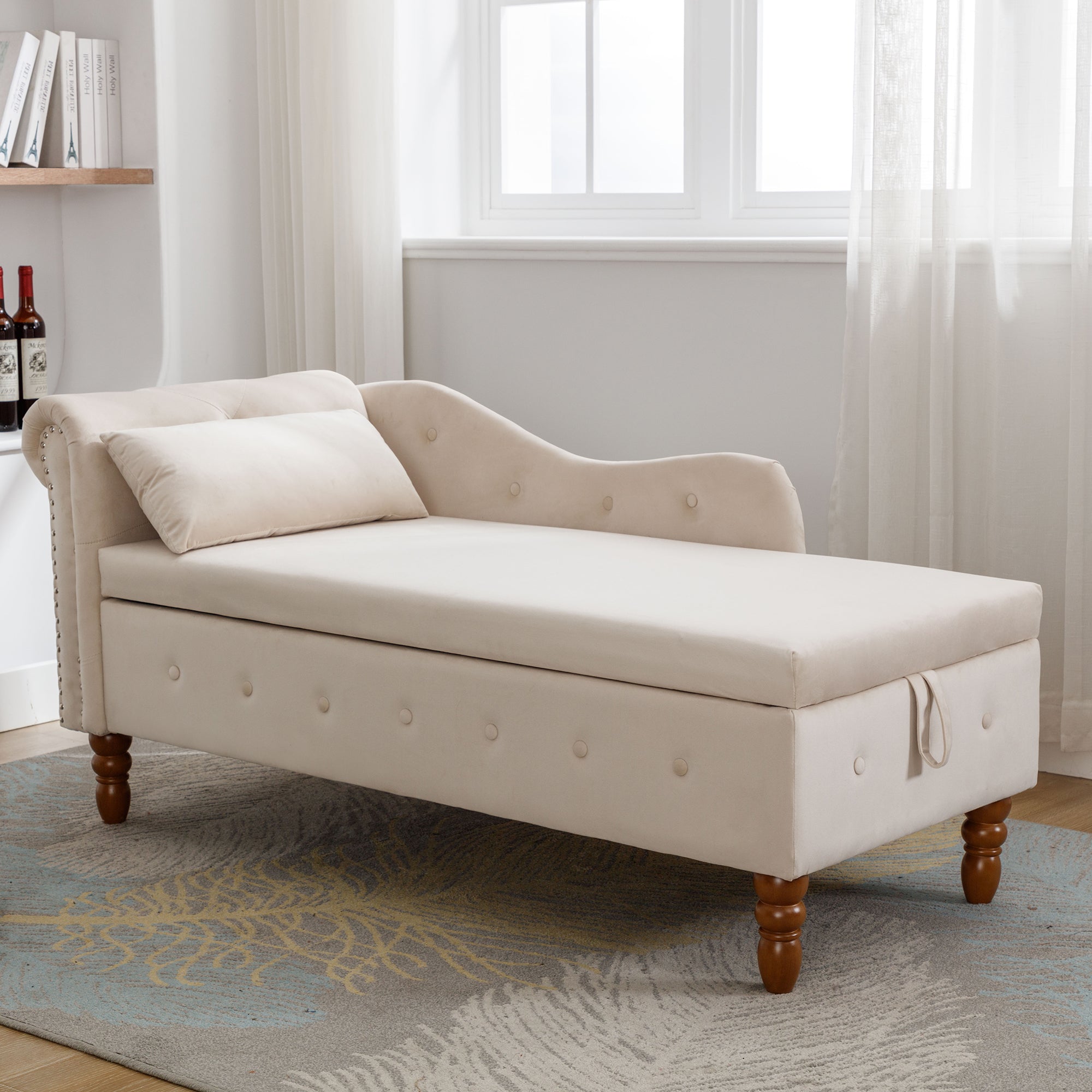 Tufted Velvet Upholstered Rolled Arm Nailhead Chaise Lounge