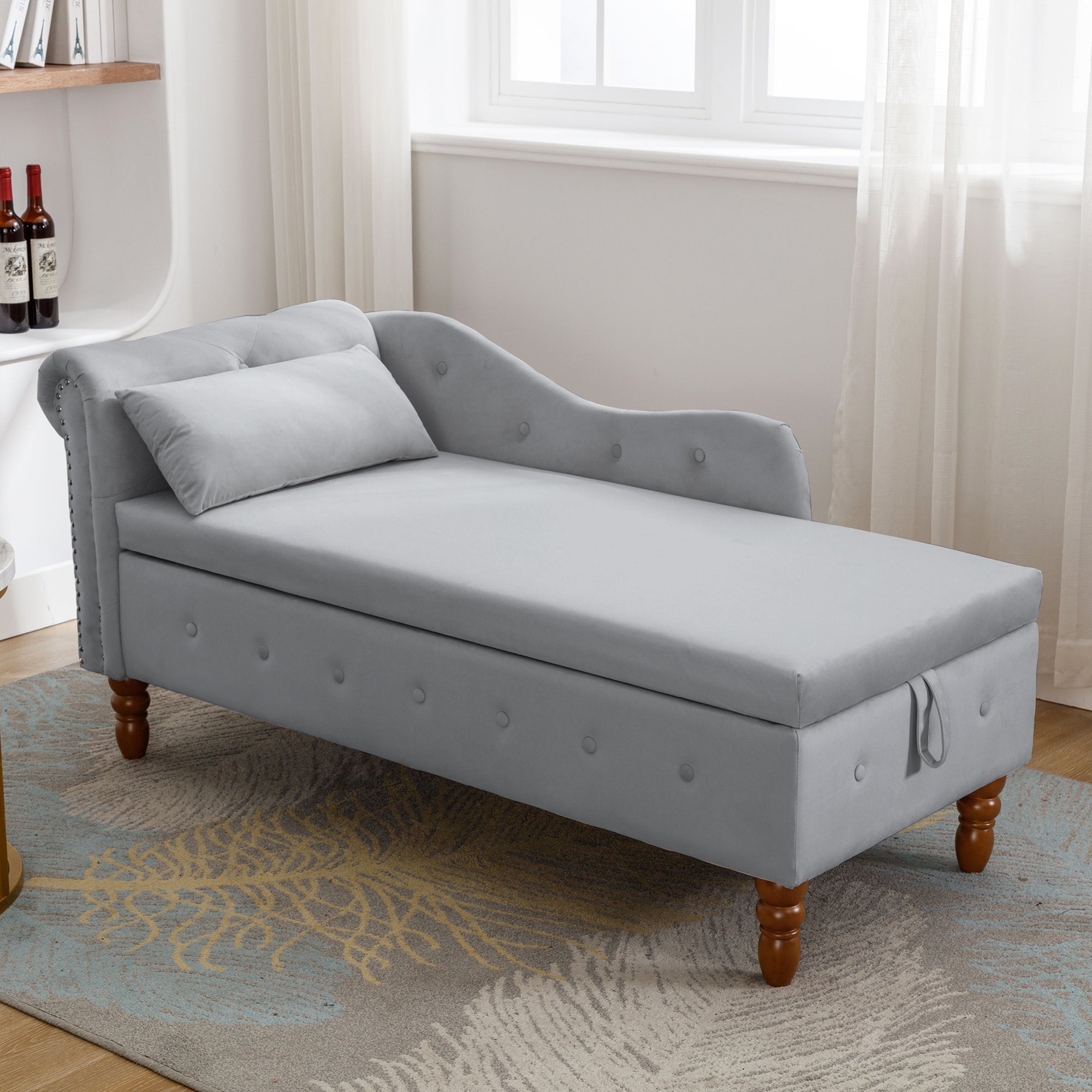 Tufted Velvet Upholstered Rolled Arm Nailhead Chaise Lounge
