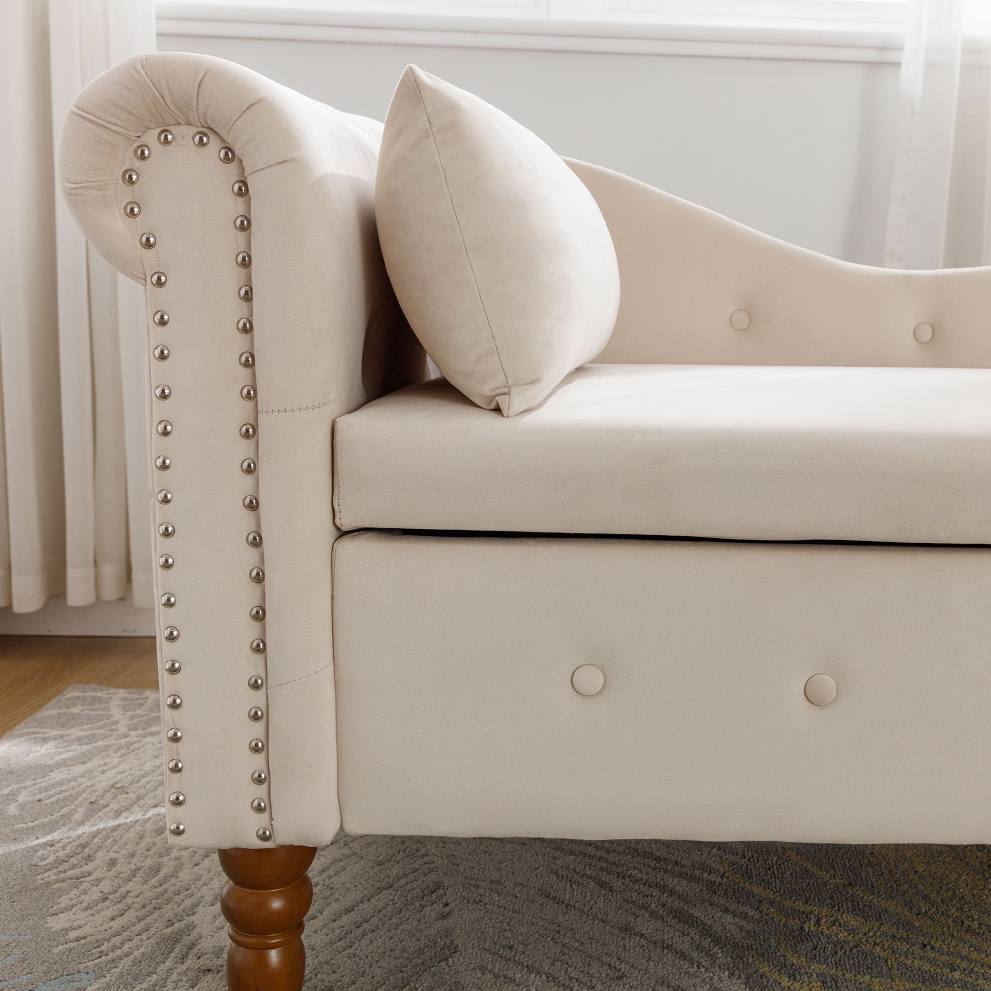 Tufted Velvet Upholstered Rolled Arm Nailhead Chaise Lounge