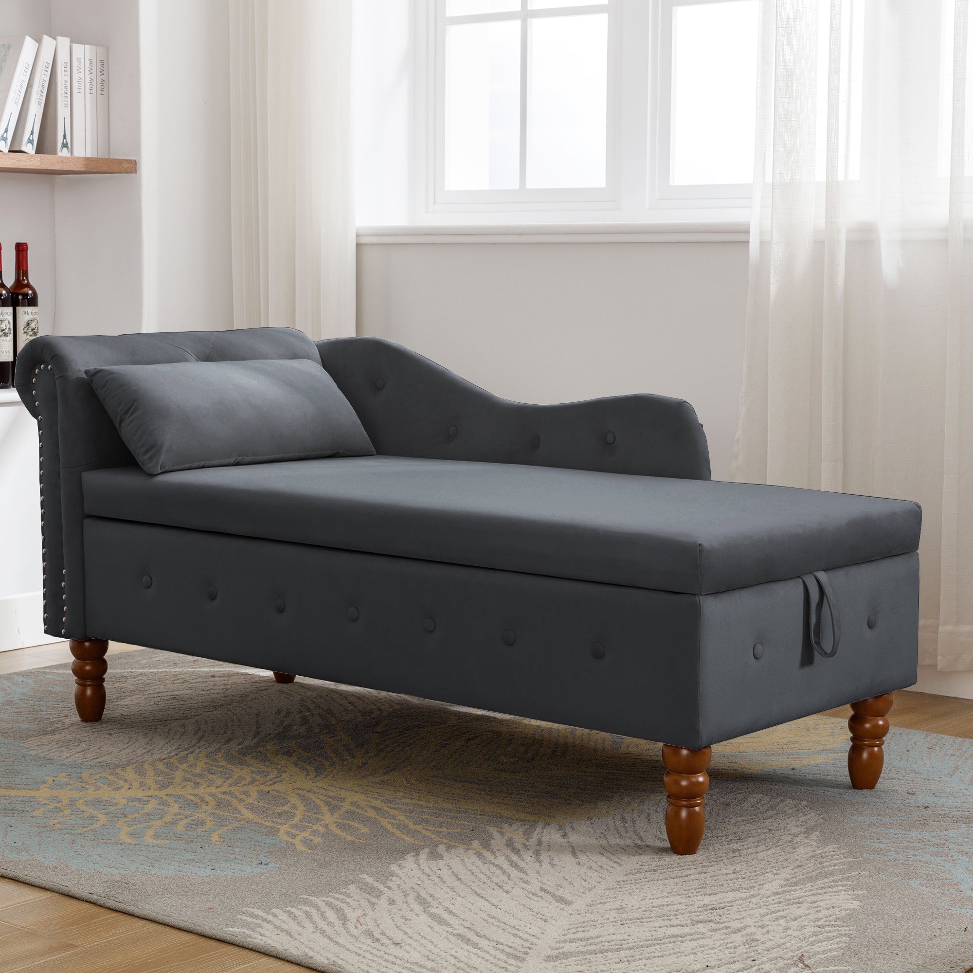 Tufted Velvet Upholstered Rolled Arm Nailhead Chaise Lounge