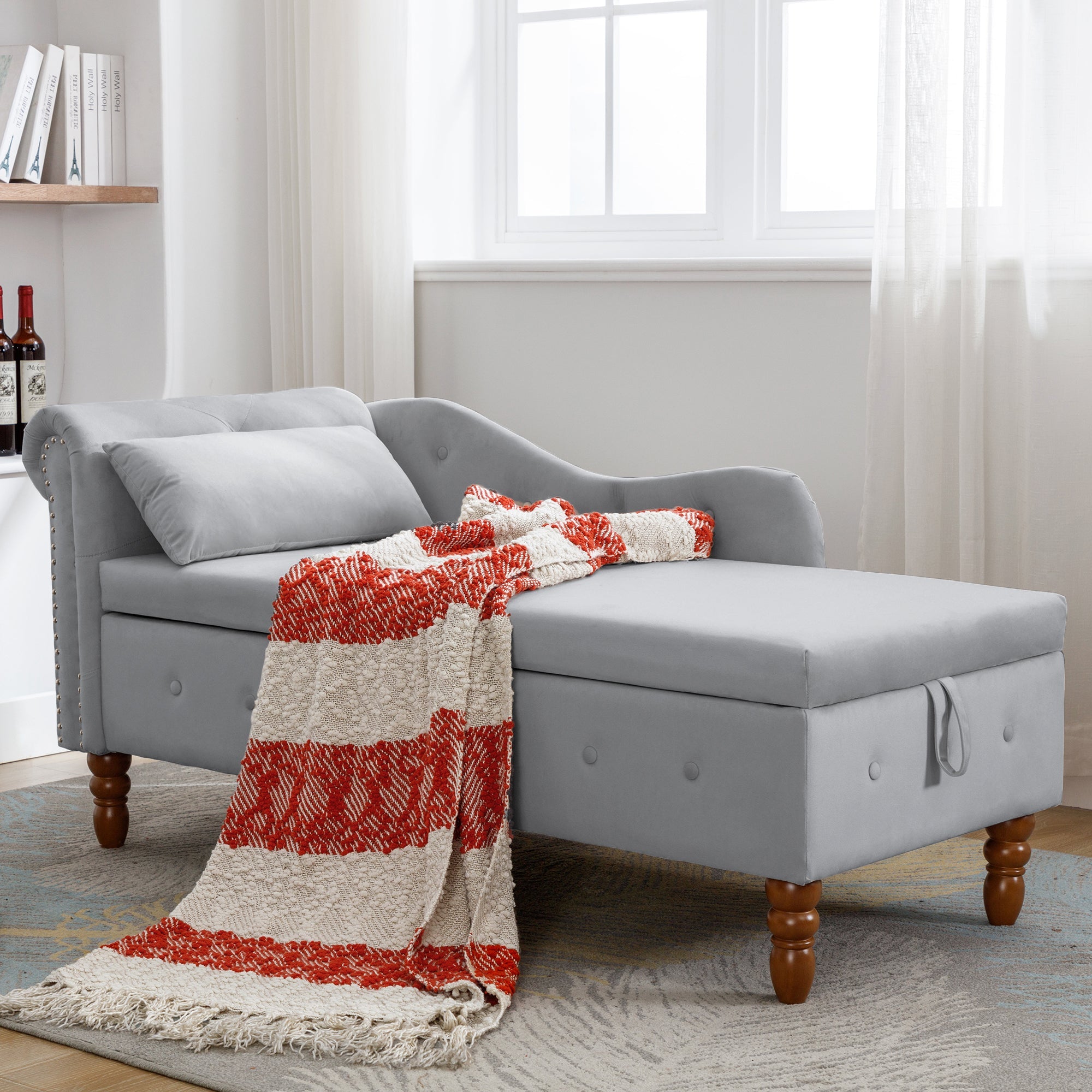 Tufted Velvet Upholstered Rolled Arm Nailhead Chaise Lounge