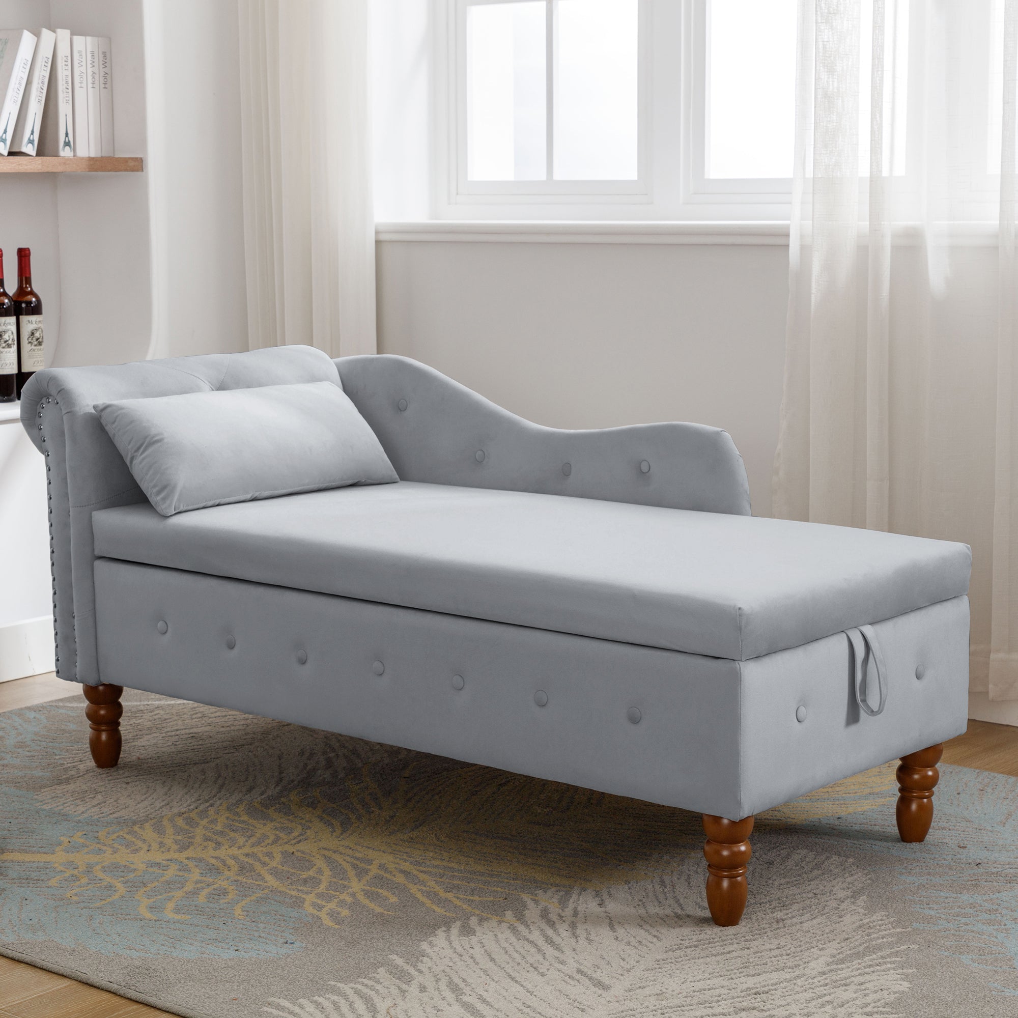 Tufted Velvet Upholstered Rolled Arm Nailhead Chaise Lounge
