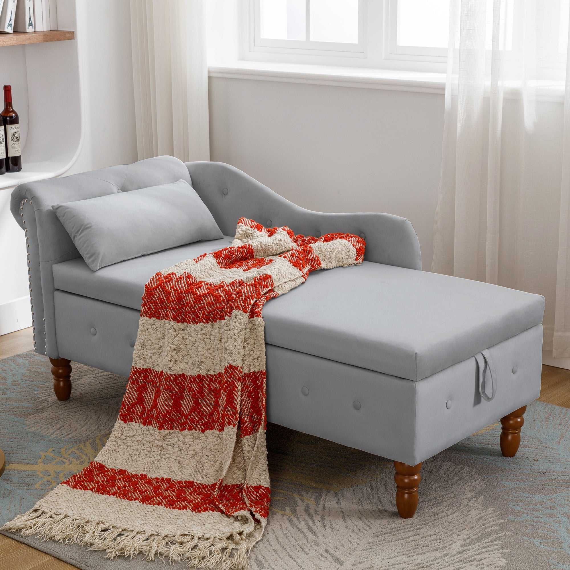 Tufted Velvet Upholstered Rolled Arm Nailhead Chaise Lounge