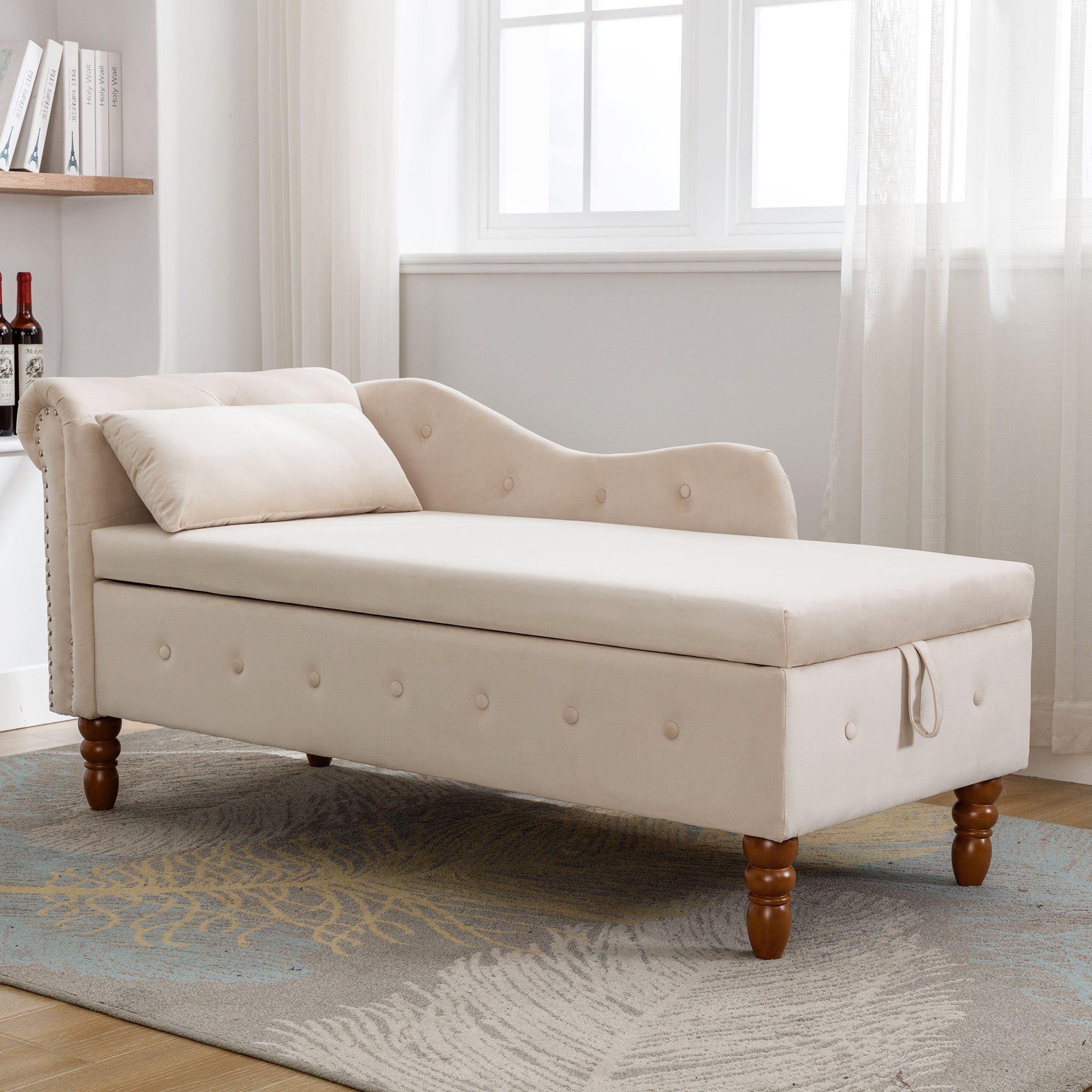Tufted Velvet Upholstered Rolled Arm Nailhead Chaise Lounge
