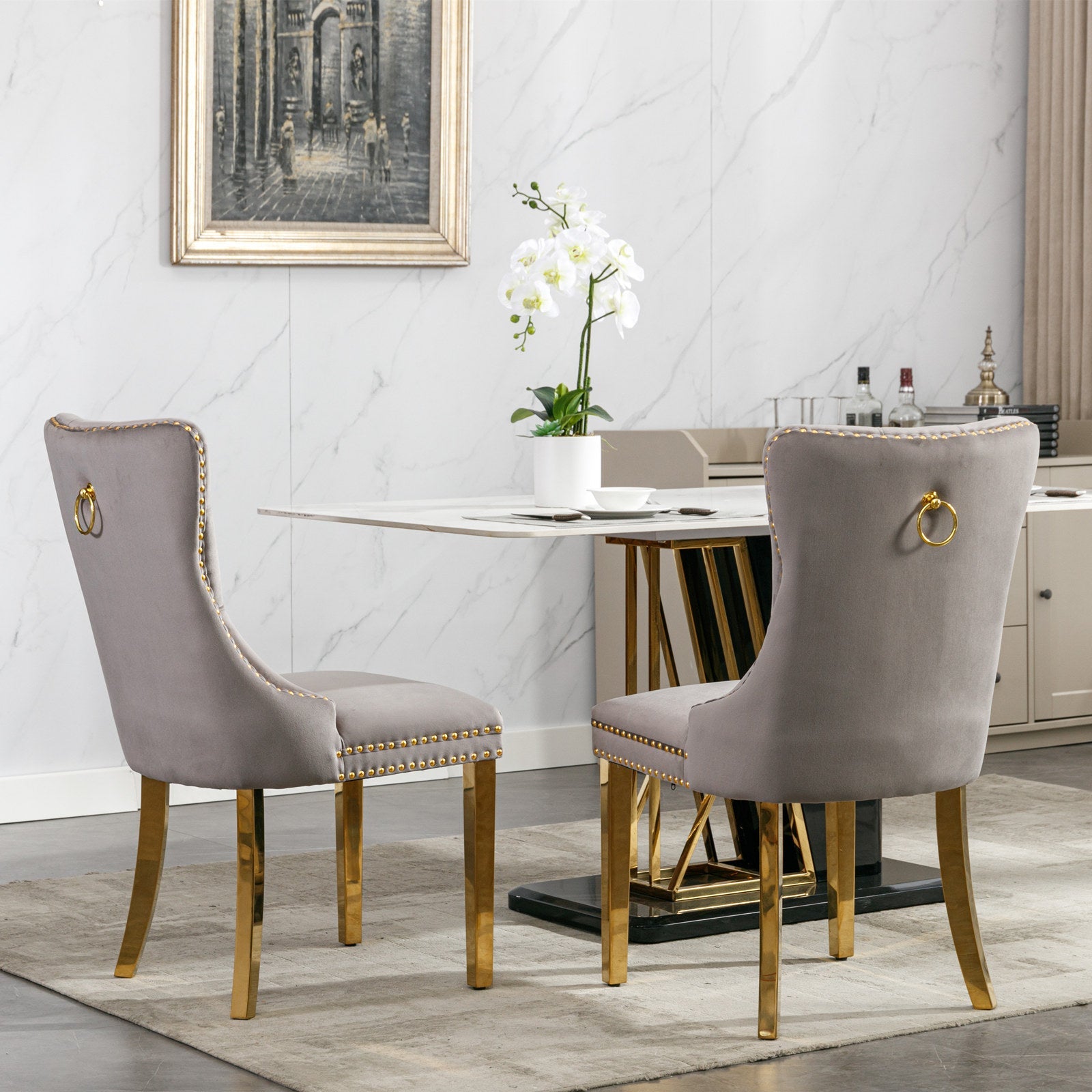 Rosewick Modern Tufted Velvet Solid Wood Upholstered Dining Chair with Gold Stainless Steel Plating Legs, Set of 2