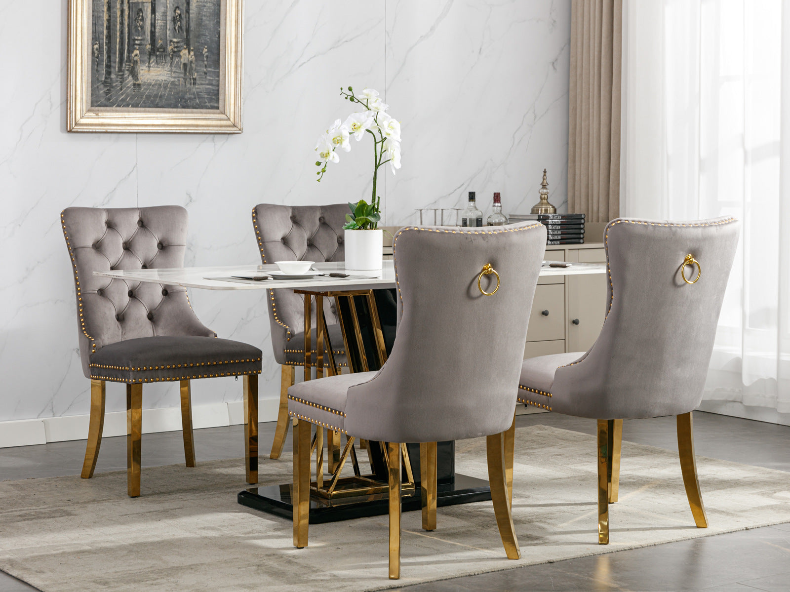 Rosewick Modern Tufted Velvet Solid Wood Upholstered Dining Chair with Gold Stainless Steel Plating Legs, Set of 2