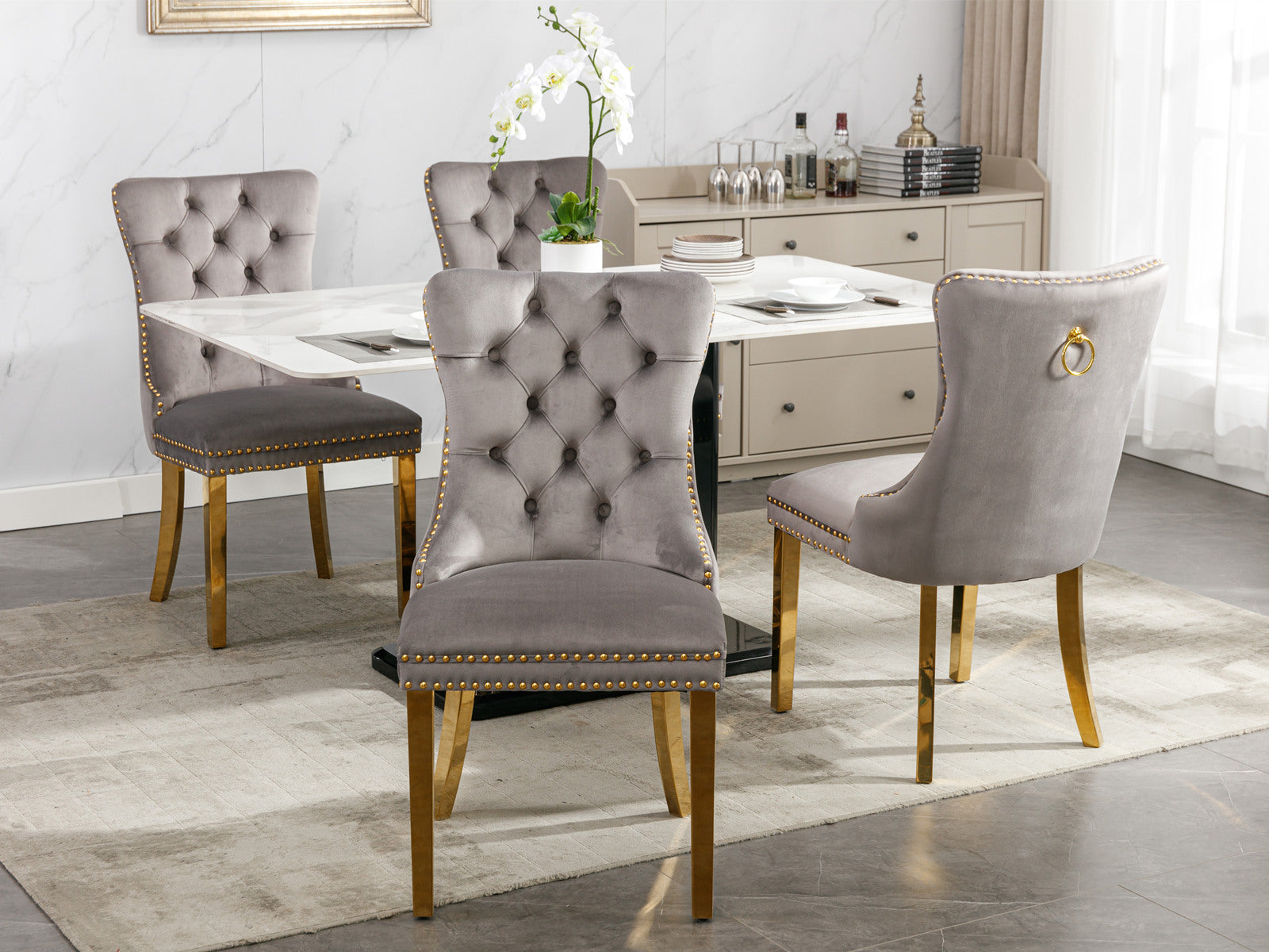 Rosewick Modern Tufted Velvet Solid Wood Upholstered Dining Chair with Gold Stainless Steel Plating Legs, Set of 2