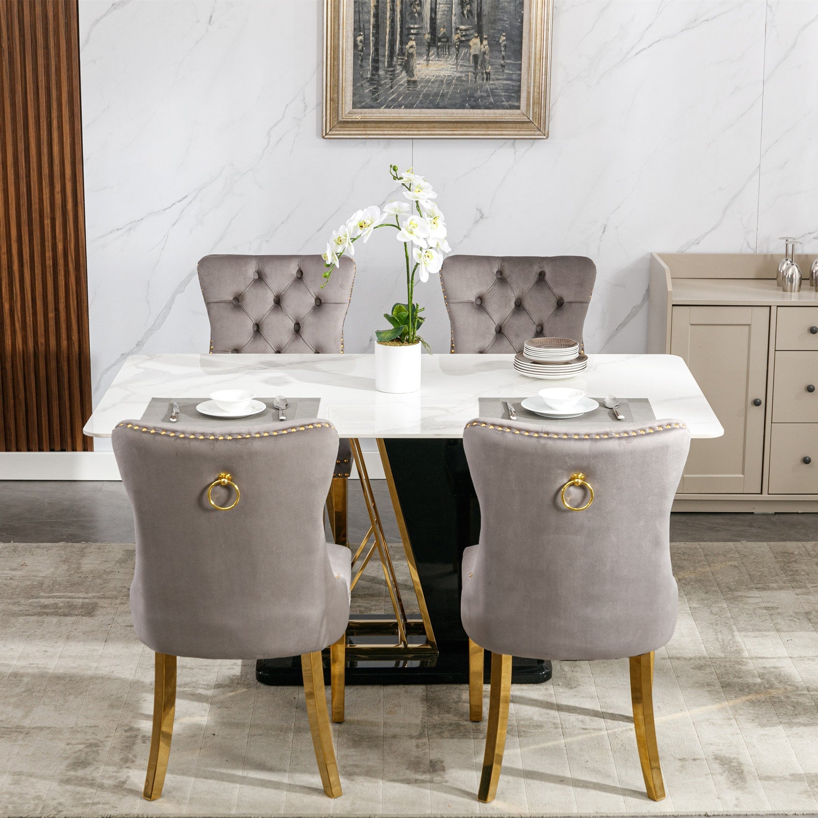 Rosewick Modern Tufted Velvet Solid Wood Upholstered Dining Chair with Gold Stainless Steel Plating Legs, Set of 2