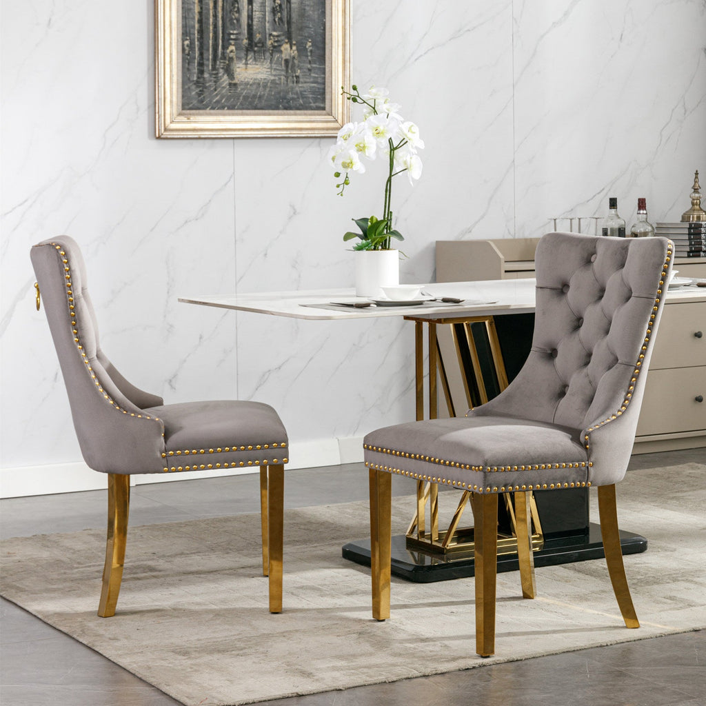 Rosewick Modern Tufted Velvet Solid Wood Upholstered Dining Chair with Gold Stainless Steel Plating Legs, Set of 2