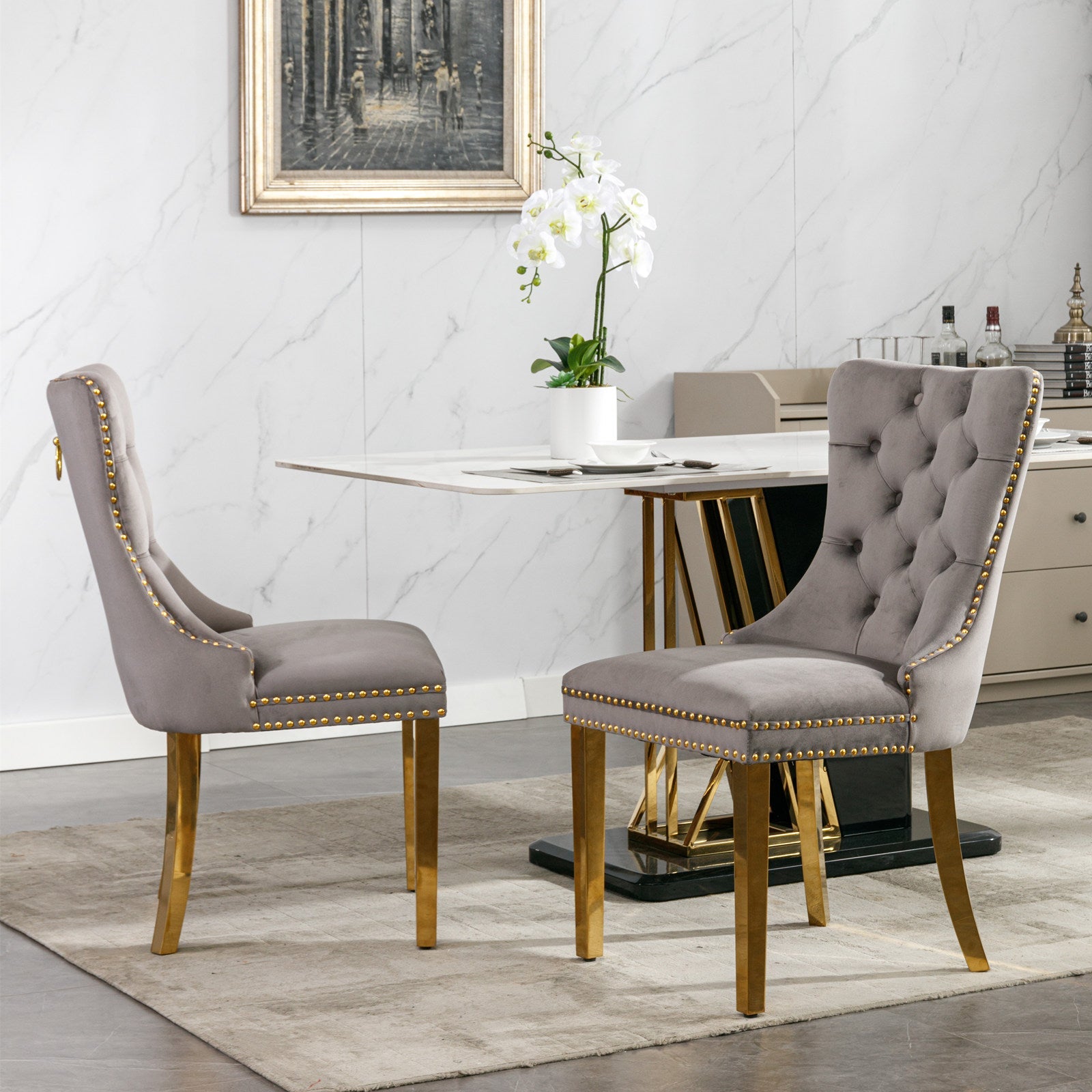 Rosewick Modern Tufted Velvet Solid Wood Upholstered Dining Chair with Gold Stainless Steel Plating Legs, Set of 2