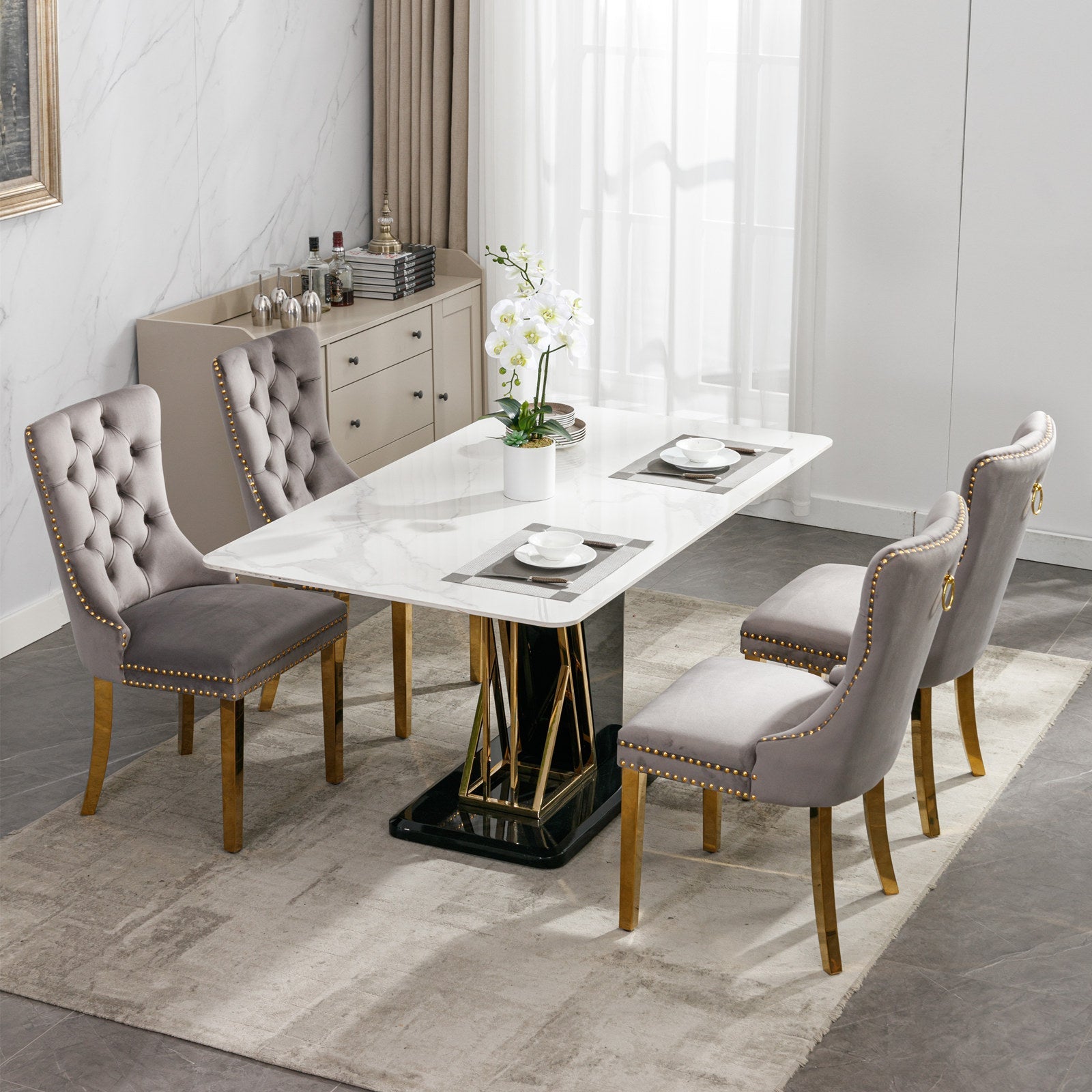 Rosewick Modern Tufted Velvet Solid Wood Upholstered Dining Chair with Gold Stainless Steel Plating Legs, Set of 2