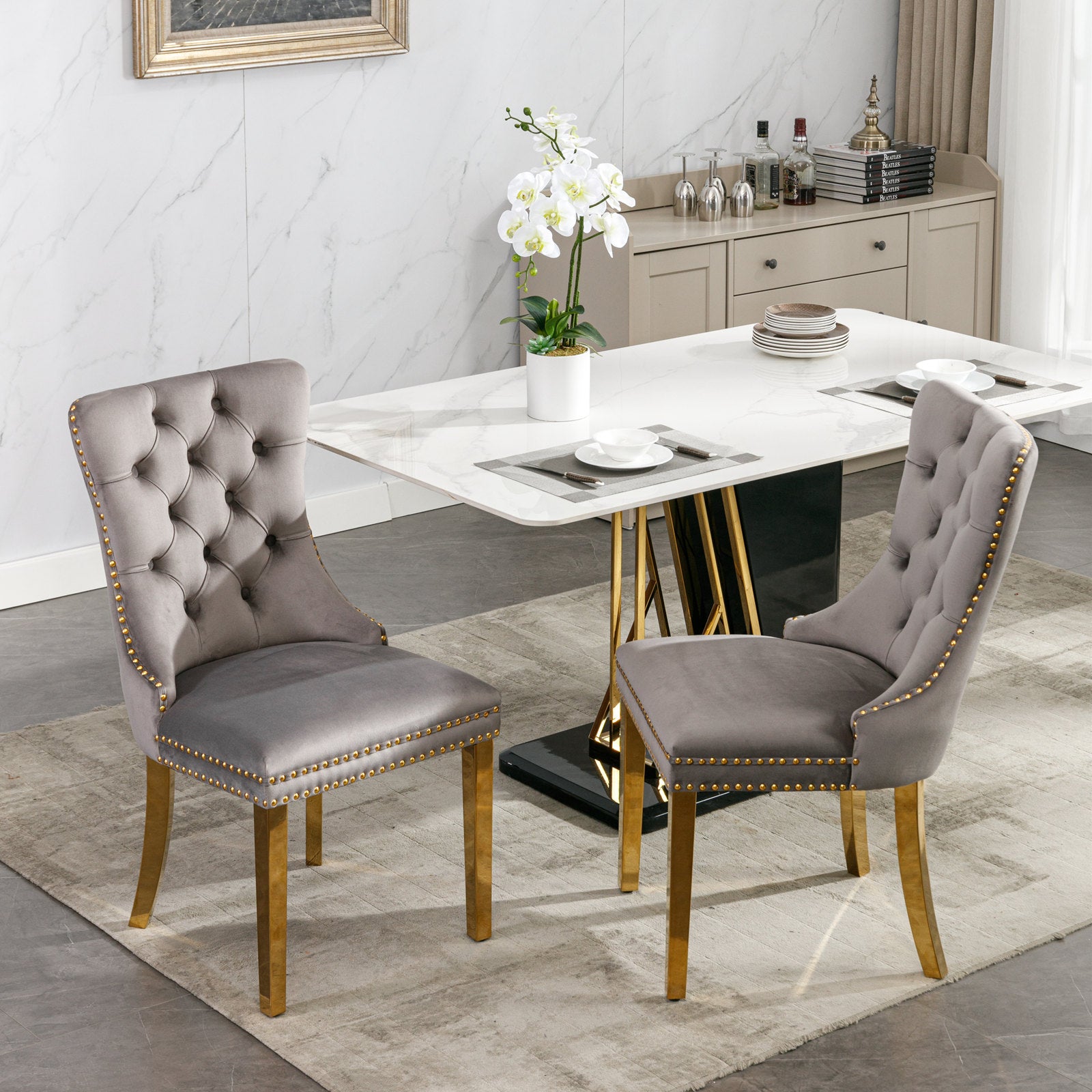 Rosewick Modern Tufted Velvet Solid Wood Upholstered Dining Chair with Gold Stainless Steel Plating Legs, Set of 2