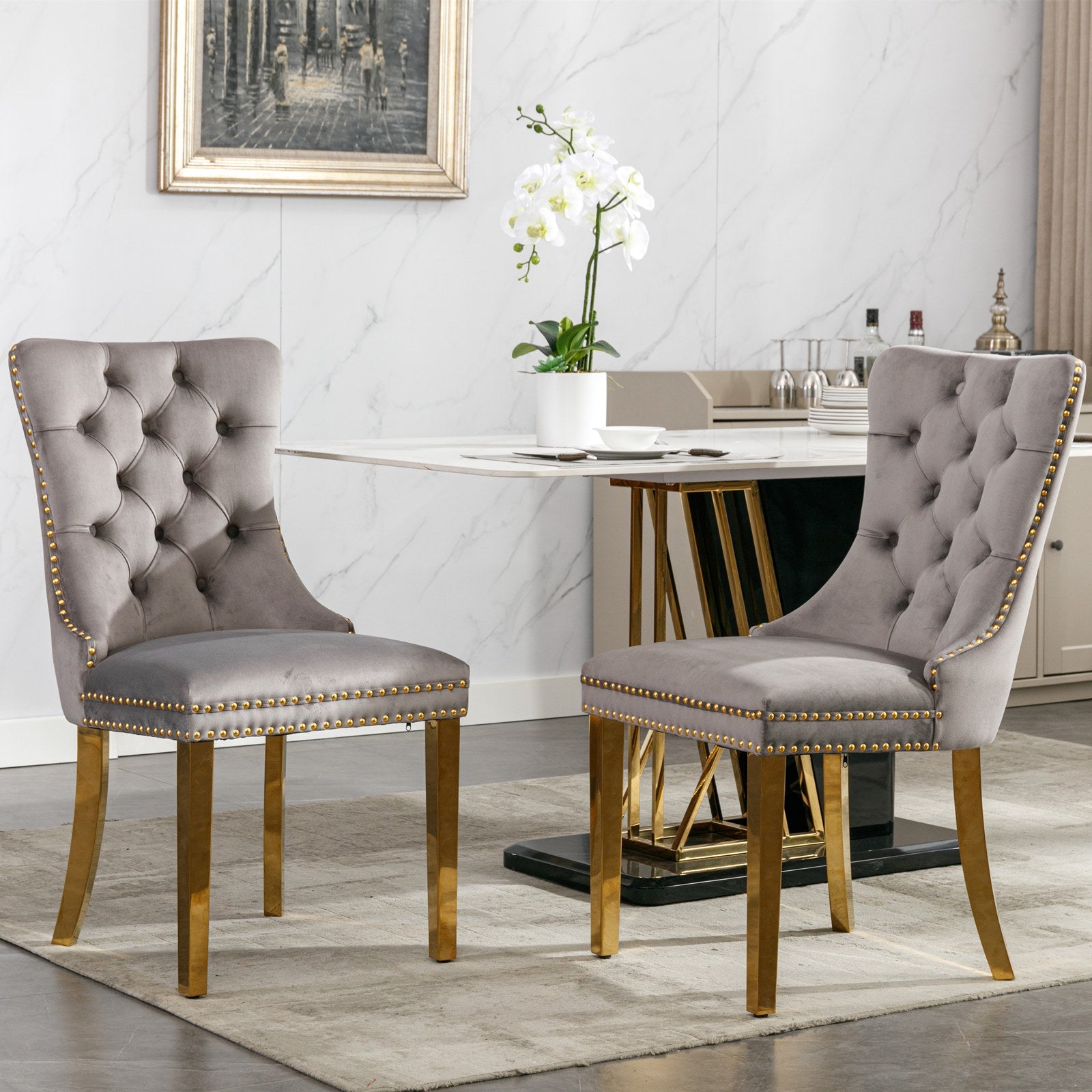 Rosewick Modern Tufted Velvet Solid Wood Upholstered Dining Chair with Gold Stainless Steel Plating Legs, Set of 2
