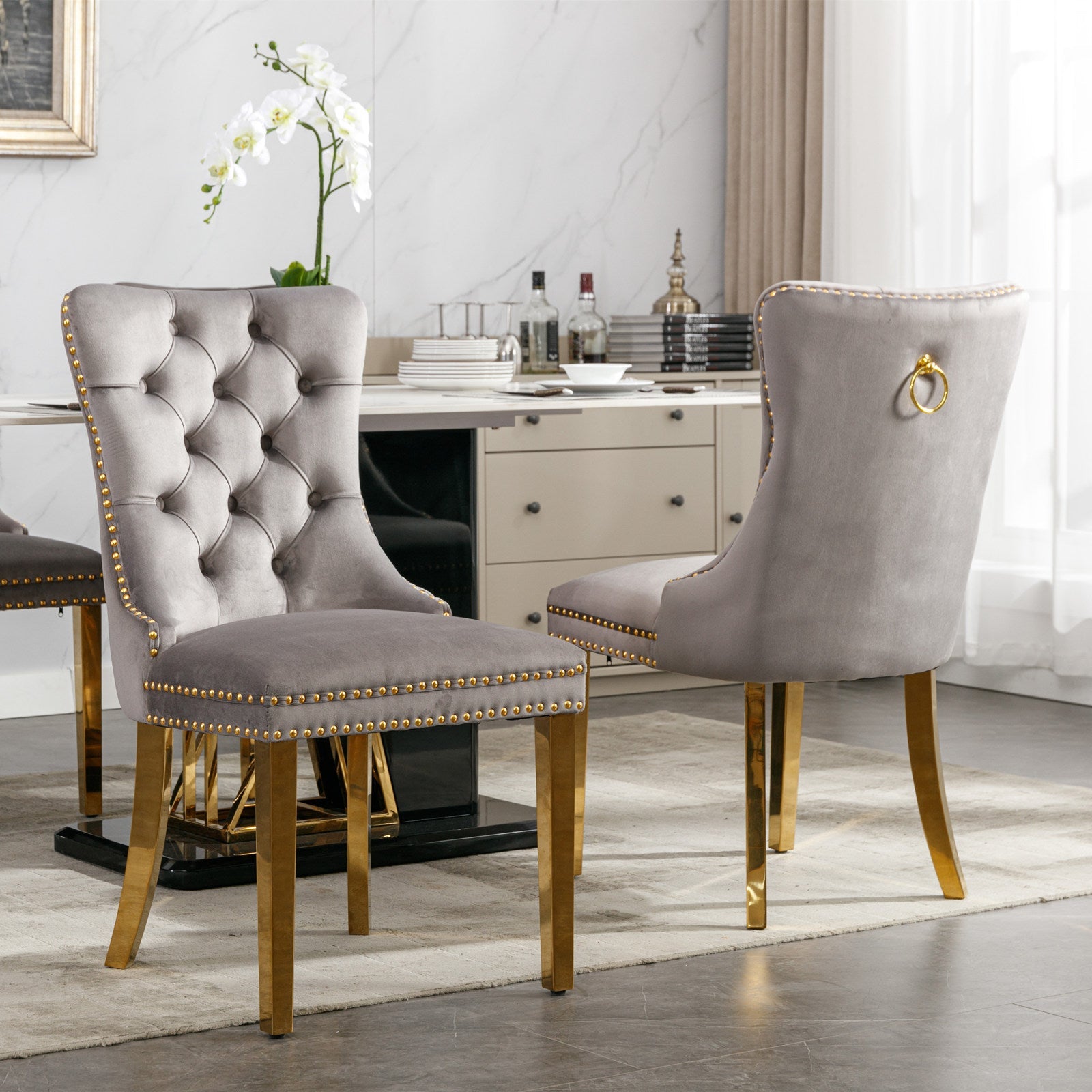 Rosewick Modern Tufted Velvet Solid Wood Upholstered Dining Chair with Gold Stainless Steel Plating Legs, Set of 2