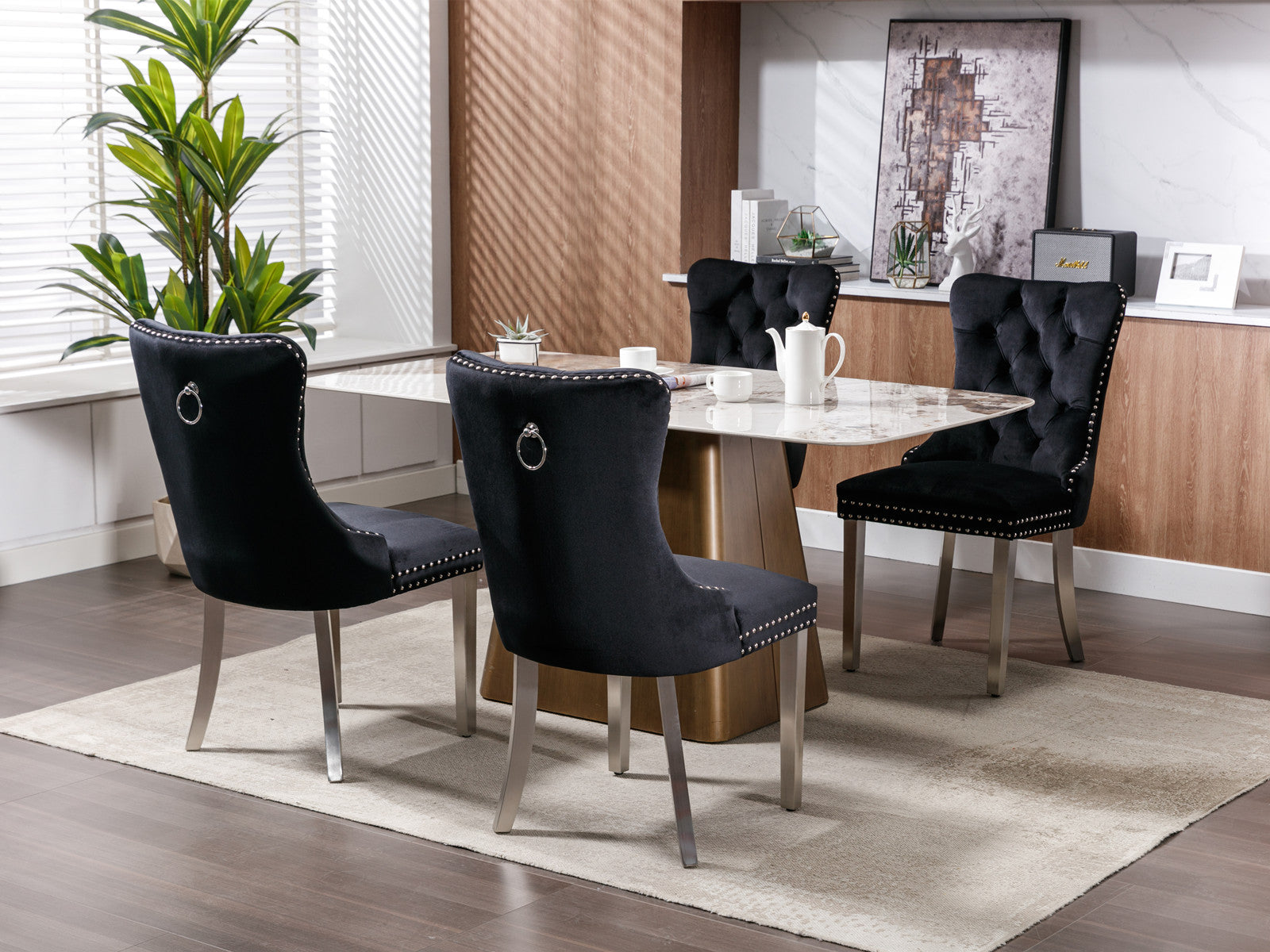 Rosewick Modern Tufted Velvet Nailhead Trim Solid Wood Upholstered Dining Chair with Chrome Stainless Steel Plating Legs, Set of 2