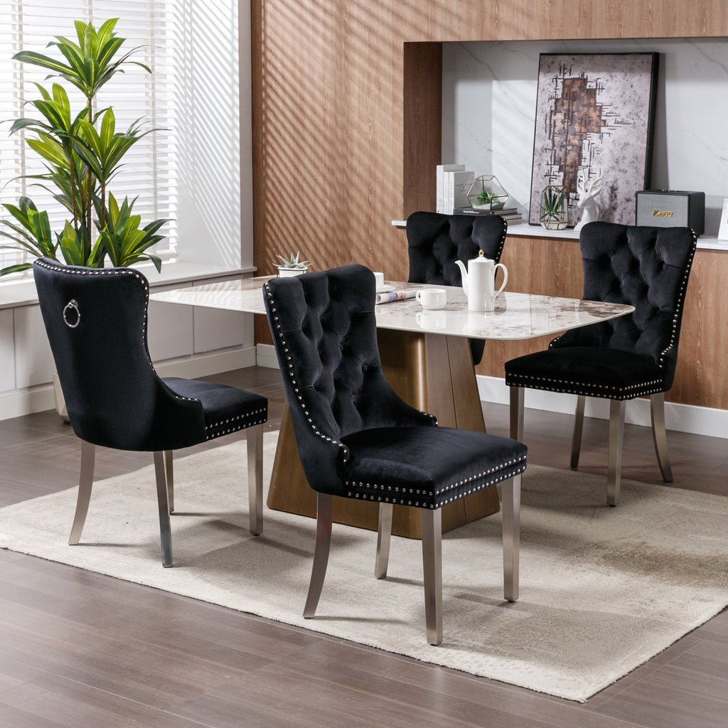 Rosewick Modern Tufted Velvet Nailhead Trim Solid Wood Upholstered Dining Chair with Chrome Stainless Steel Plating Legs, Set of 2