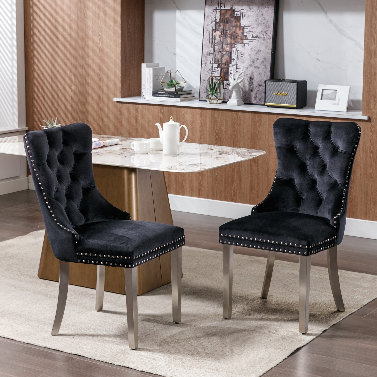 Rosewick Modern Tufted Velvet Nailhead Trim Solid Wood Upholstered Dining Chair with Chrome Stainless Steel Plating Legs, Set of 2