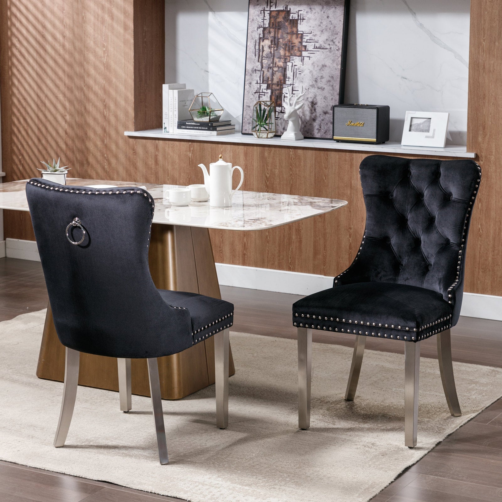 Rosewick Modern Tufted Velvet Nailhead Trim Solid Wood Upholstered Dining Chair with Chrome Stainless Steel Plating Legs, Set of 2