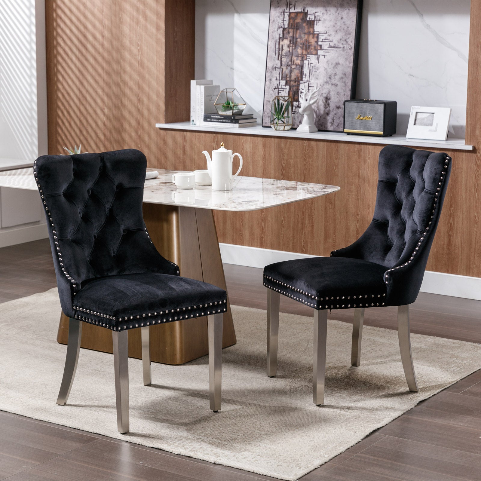Rosewick Modern Tufted Velvet Nailhead Trim Solid Wood Upholstered Dining Chair with Chrome Stainless Steel Plating Legs, Set of 2