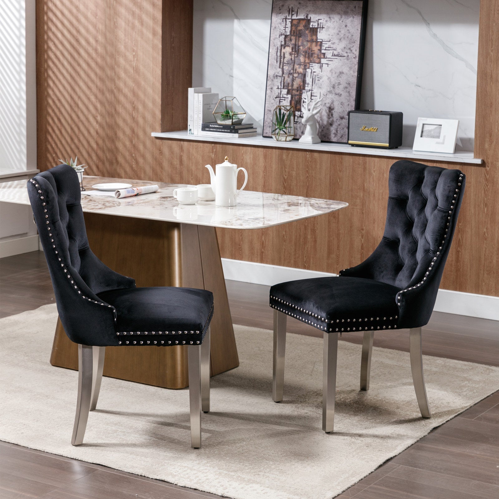 Rosewick Modern Tufted Velvet Nailhead Trim Solid Wood Upholstered Dining Chair with Chrome Stainless Steel Plating Legs, Set of 2