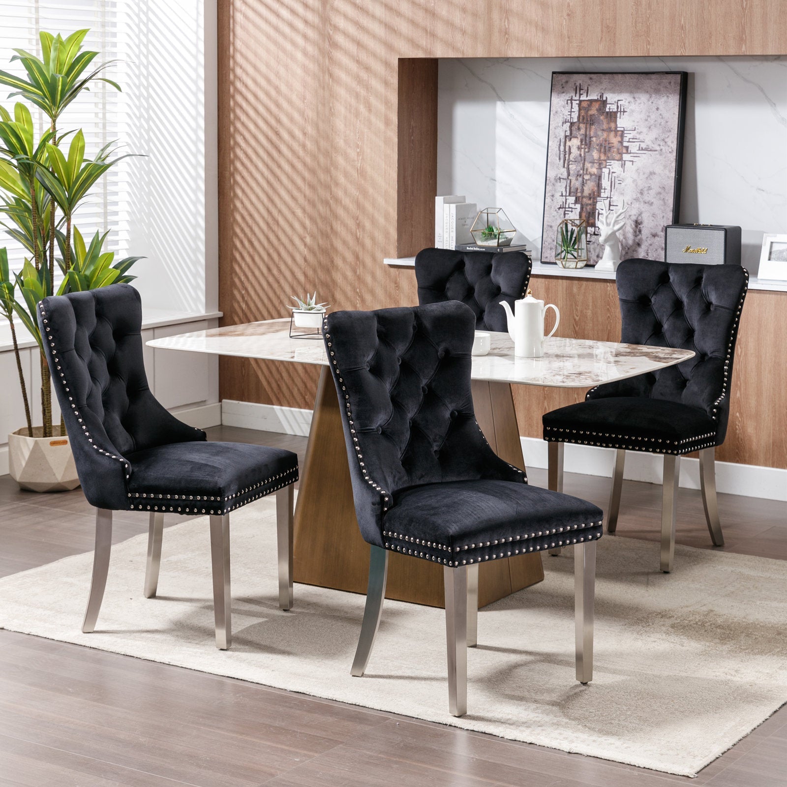 Rosewick Modern Tufted Velvet Nailhead Trim Solid Wood Upholstered Dining Chair with Chrome Stainless Steel Plating Legs, Set of 2