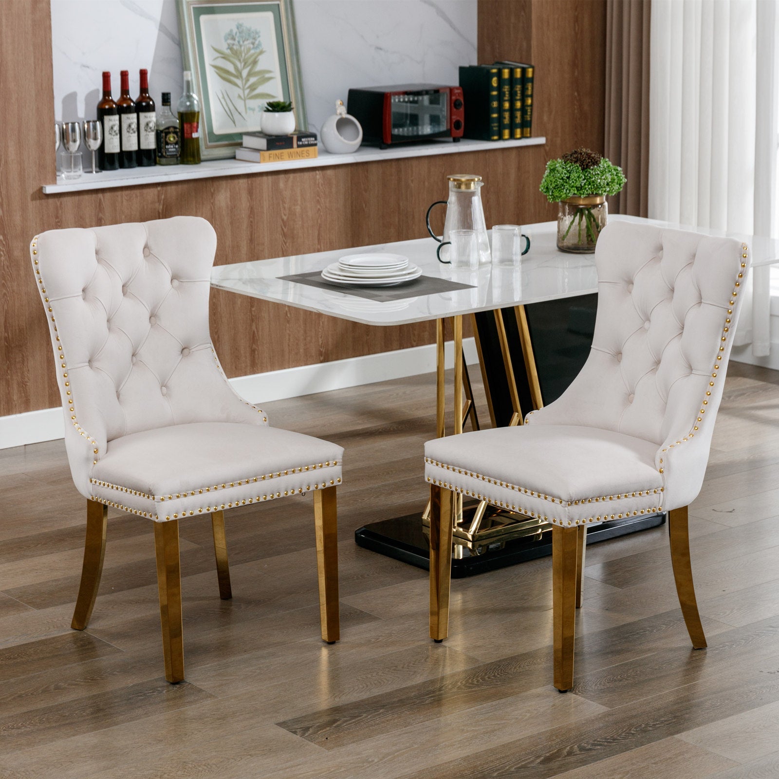 Rosewick Modern Tufted Velvet Solid Wood Upholstered Dining Chair with Gold Stainless Steel Plating Legs, Set of 2