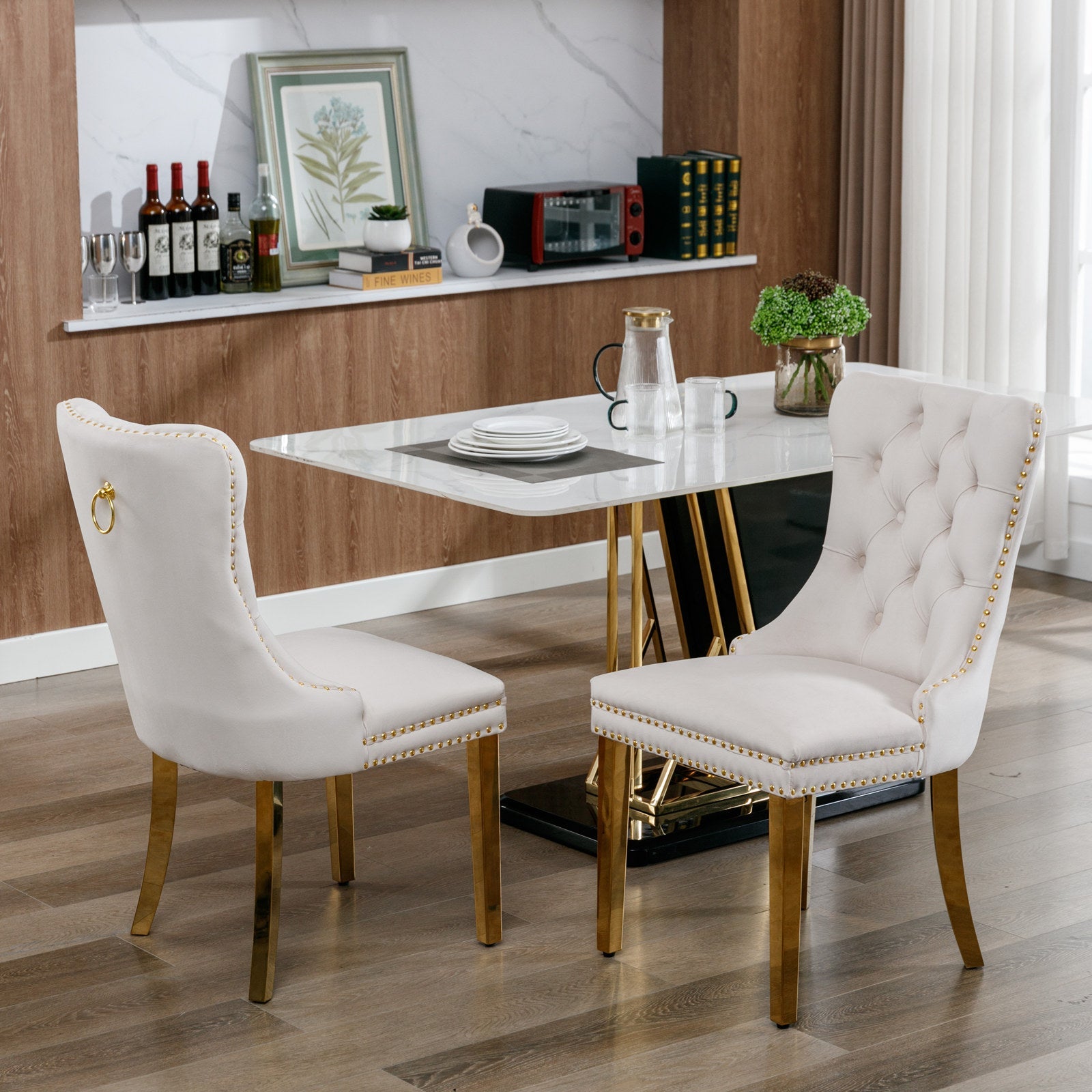 Rosewick Modern Tufted Velvet Solid Wood Upholstered Dining Chair with Gold Stainless Steel Plating Legs, Set of 2