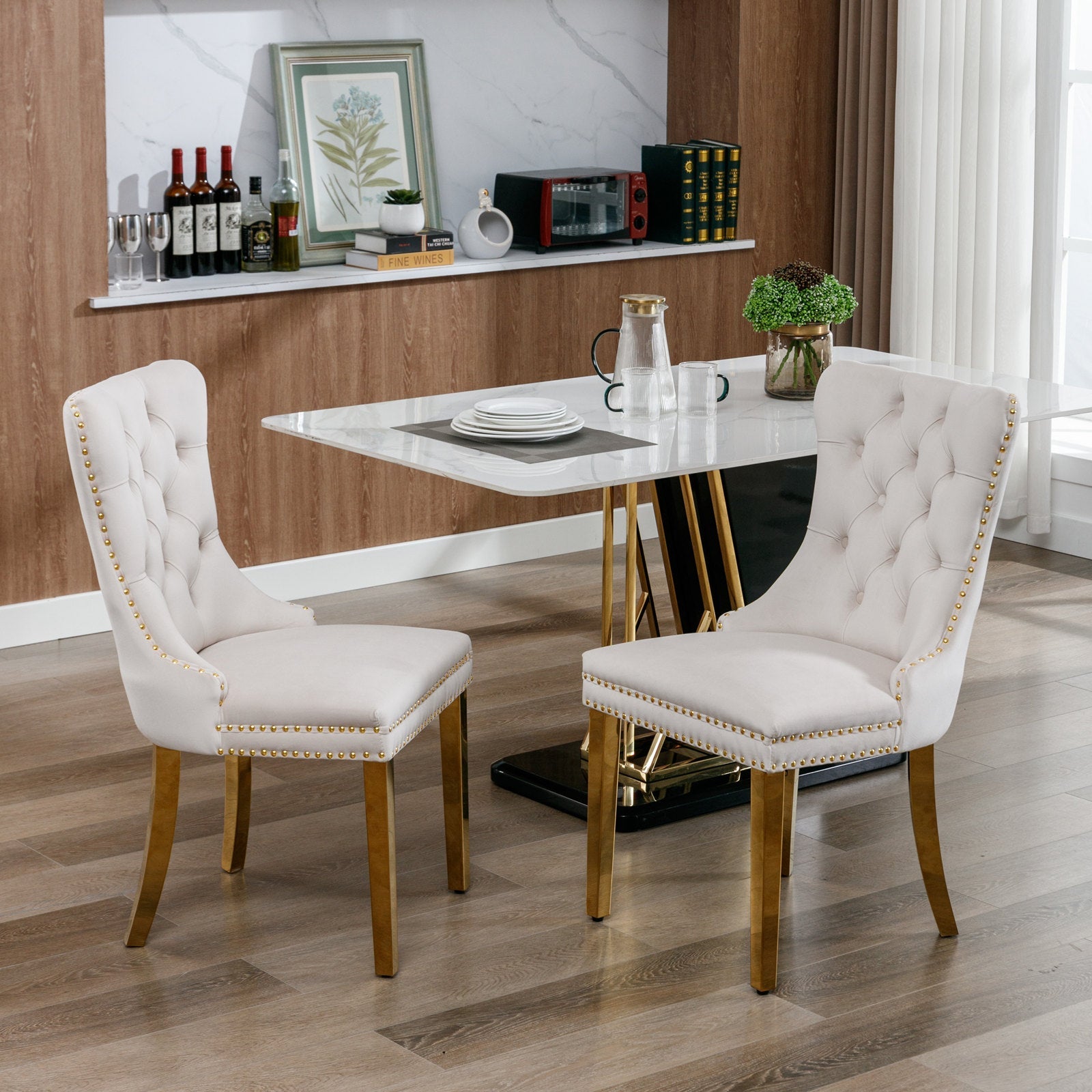 Rosewick Modern Tufted Velvet Solid Wood Upholstered Dining Chair with Gold Stainless Steel Plating Legs, Set of 2