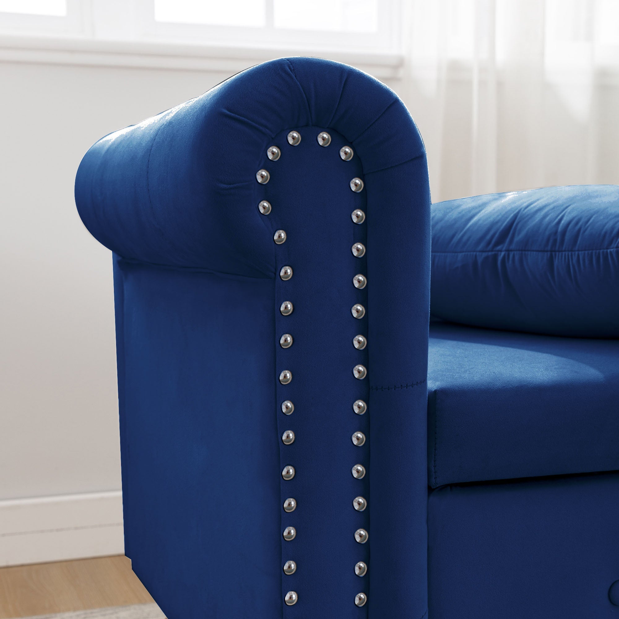 Tufted Velvet Upholstered Rolled Arm Nailhead Chaise Lounge