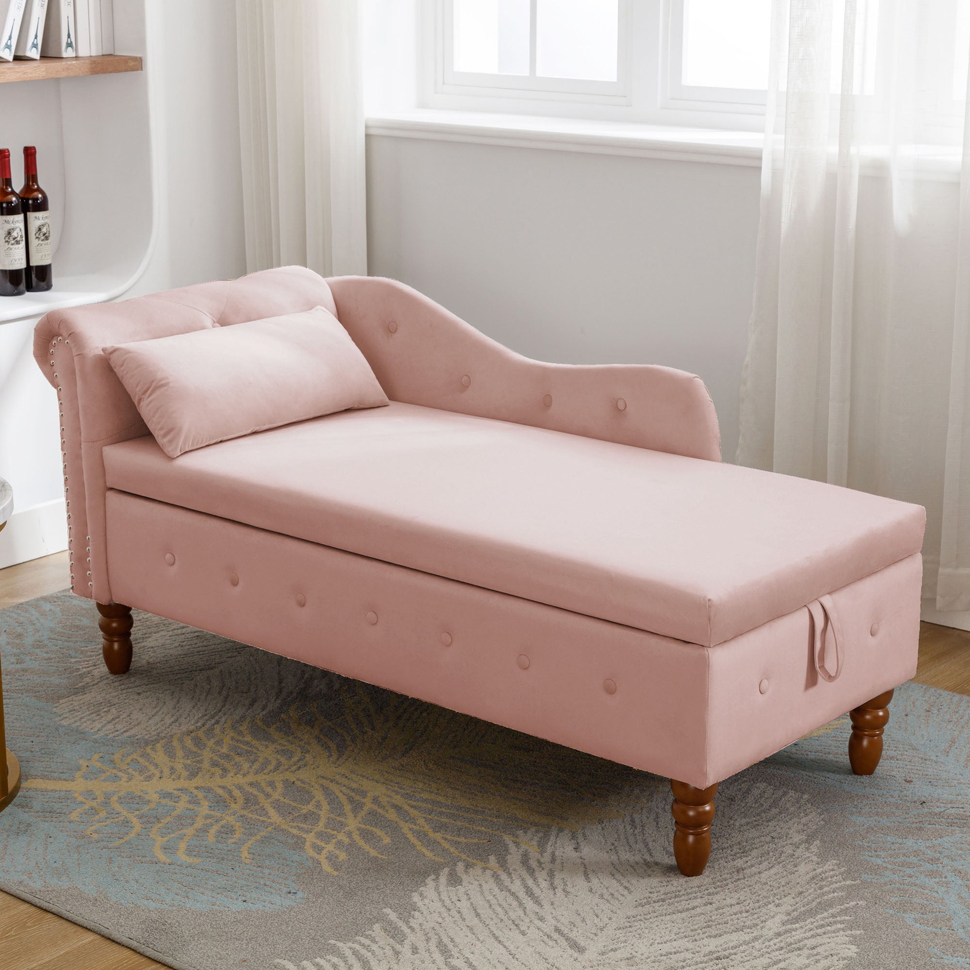 Tufted Velvet Upholstered Rolled Arm Nailhead Chaise Lounge