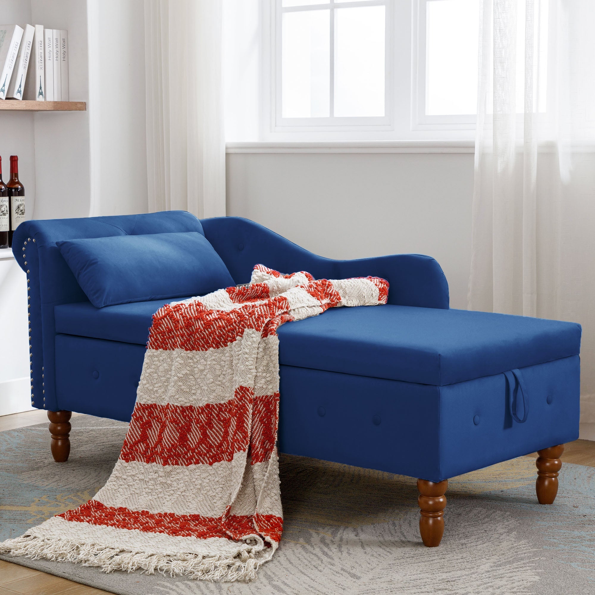 Tufted Velvet Upholstered Rolled Arm Nailhead Chaise Lounge