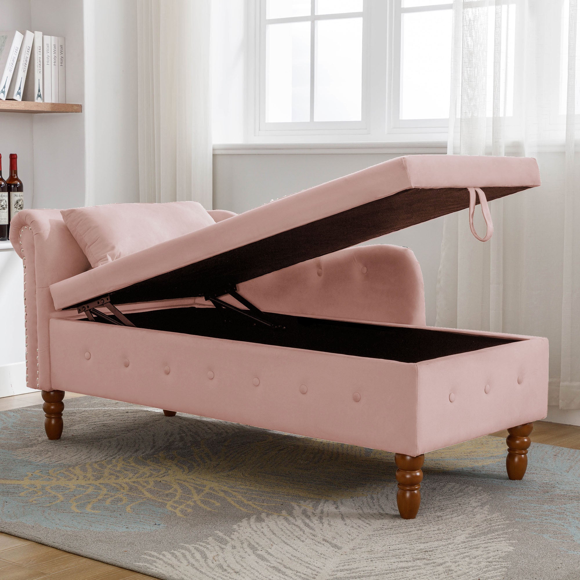 Tufted Velvet Upholstered Rolled Arm Nailhead Chaise Lounge