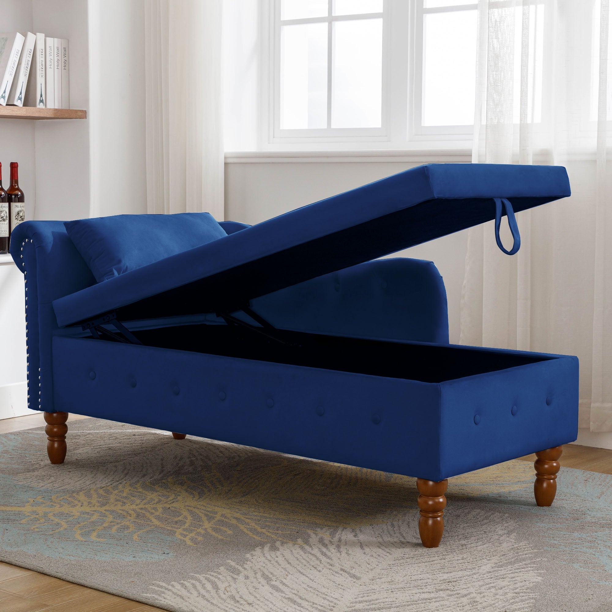 Tufted Velvet Upholstered Rolled Arm Nailhead Chaise Lounge