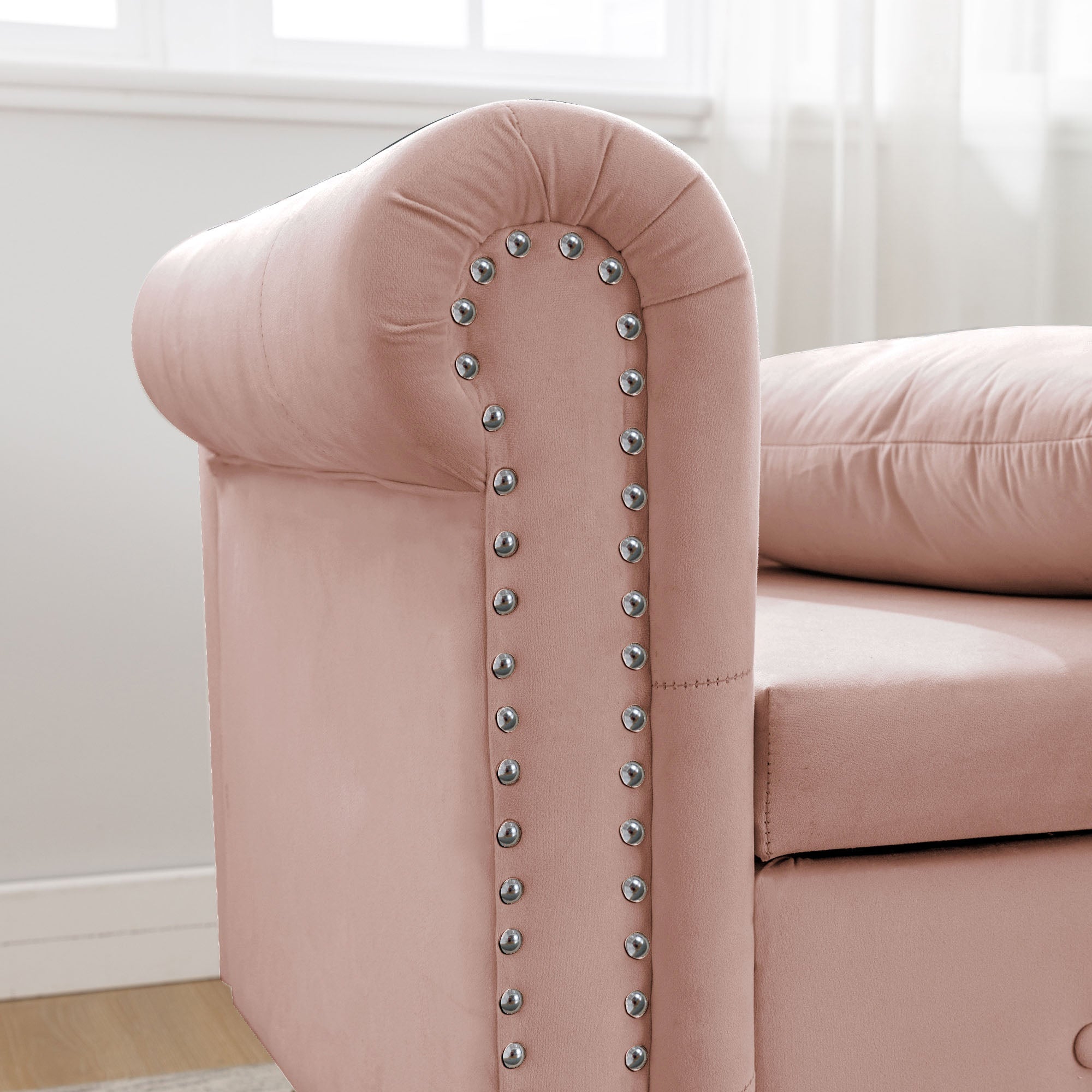 Tufted Velvet Upholstered Rolled Arm Nailhead Chaise Lounge