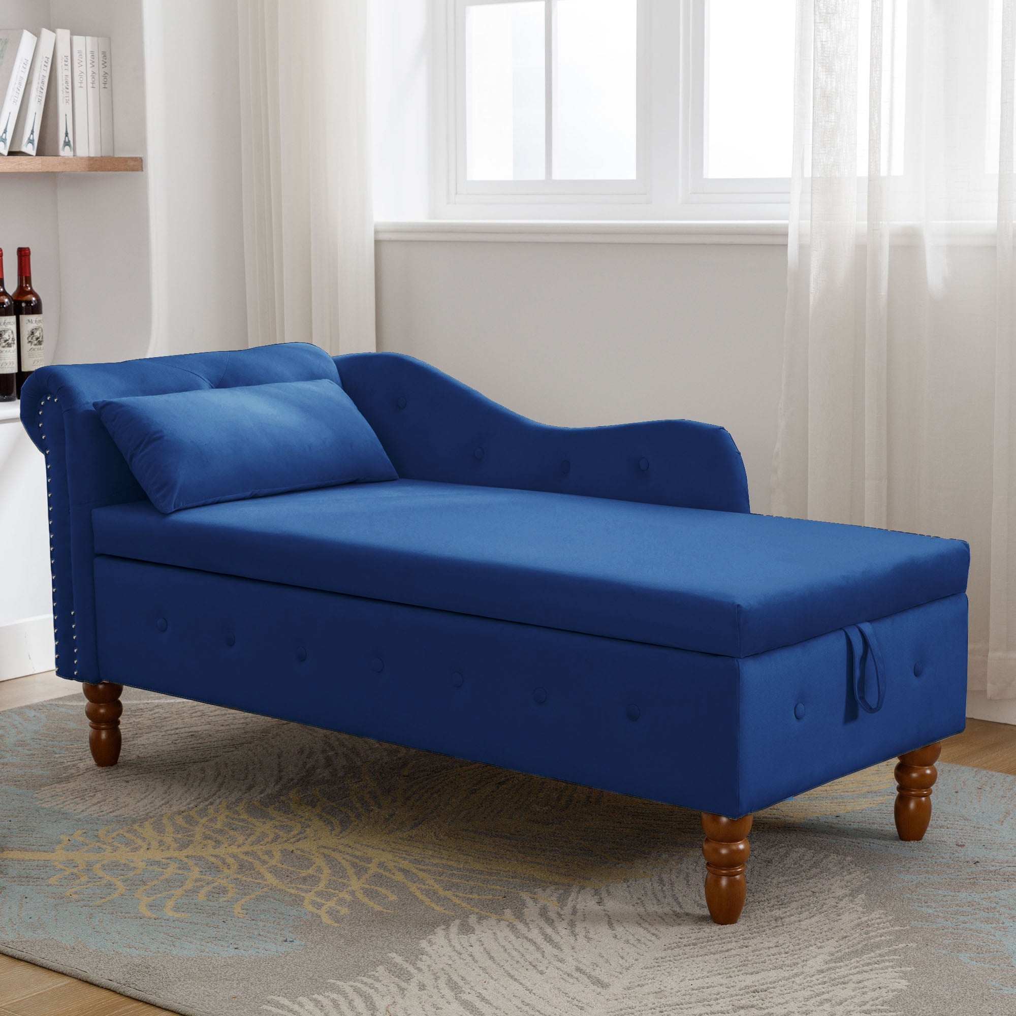 Tufted Velvet Upholstered Rolled Arm Nailhead Chaise Lounge