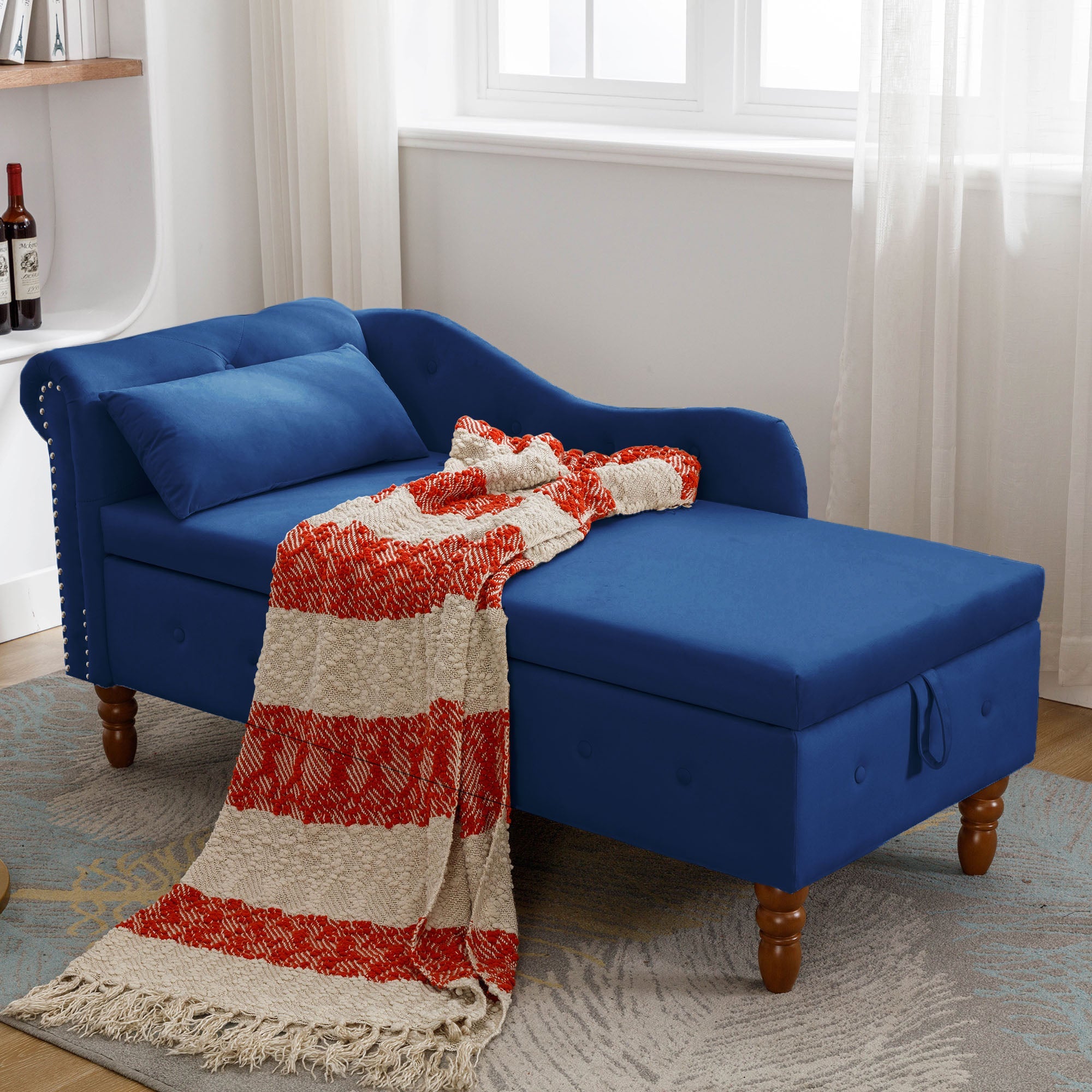 Tufted Velvet Upholstered Rolled Arm Nailhead Chaise Lounge