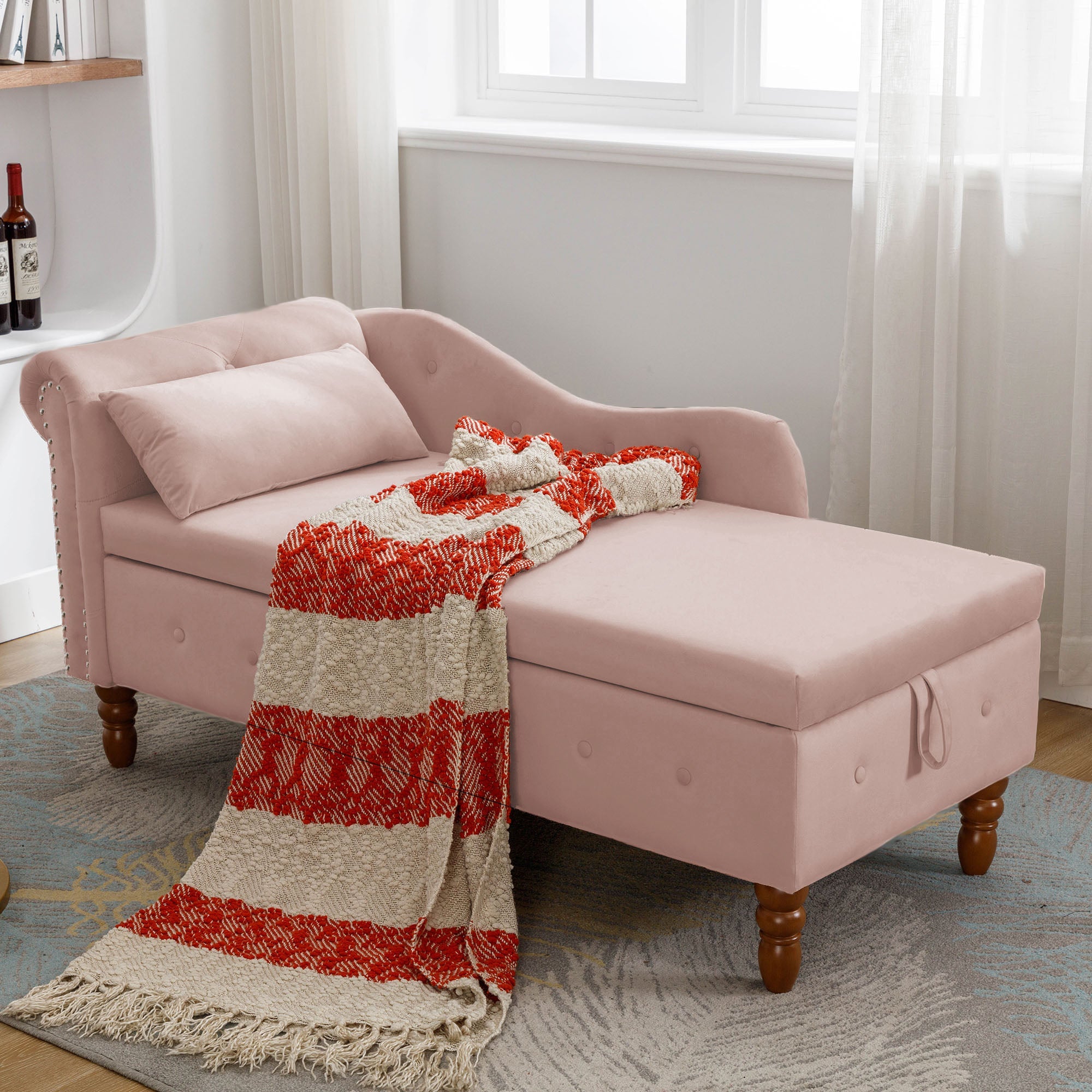 Tufted Velvet Upholstered Rolled Arm Nailhead Chaise Lounge
