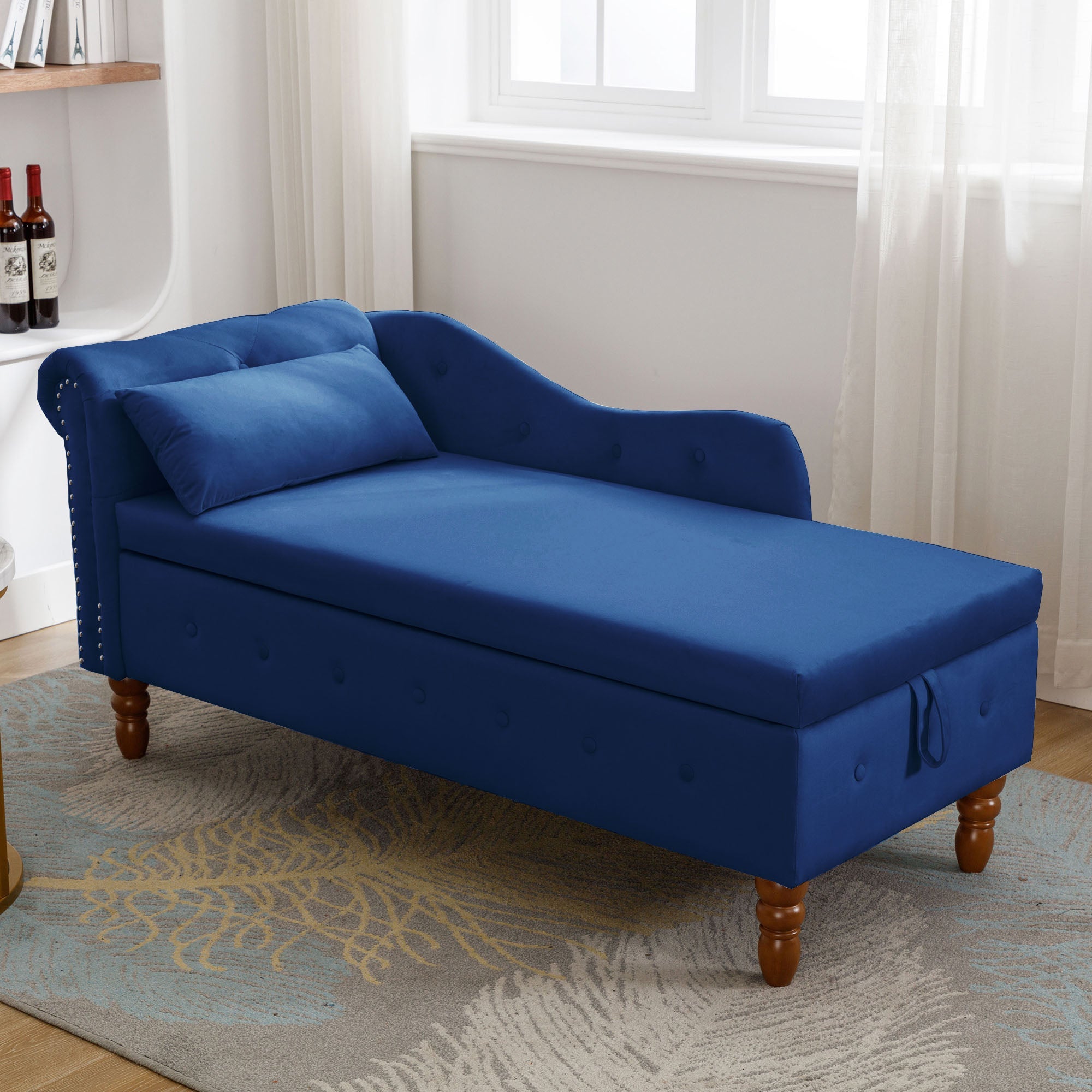 Tufted Velvet Upholstered Rolled Arm Nailhead Chaise Lounge