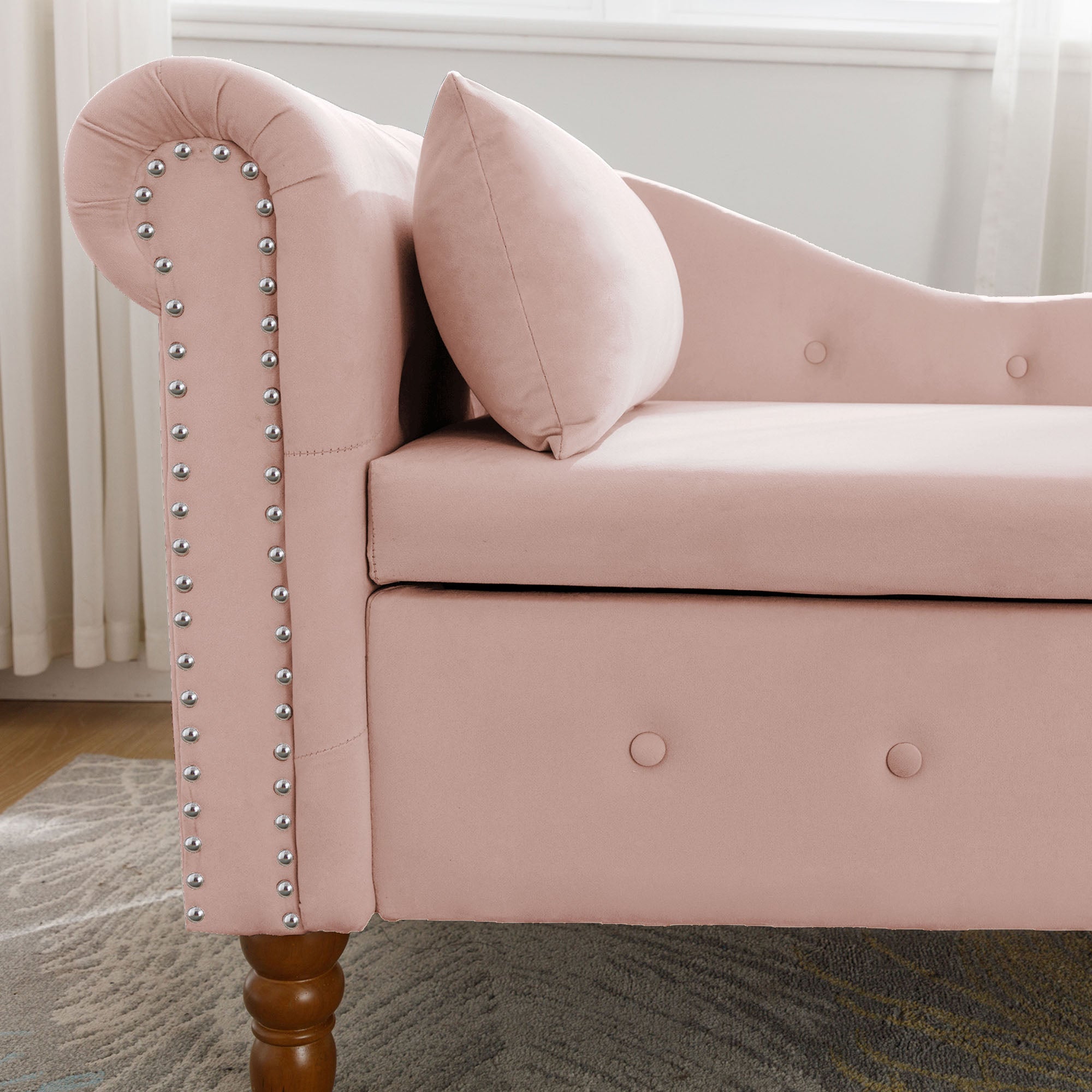 Tufted Velvet Upholstered Rolled Arm Nailhead Chaise Lounge