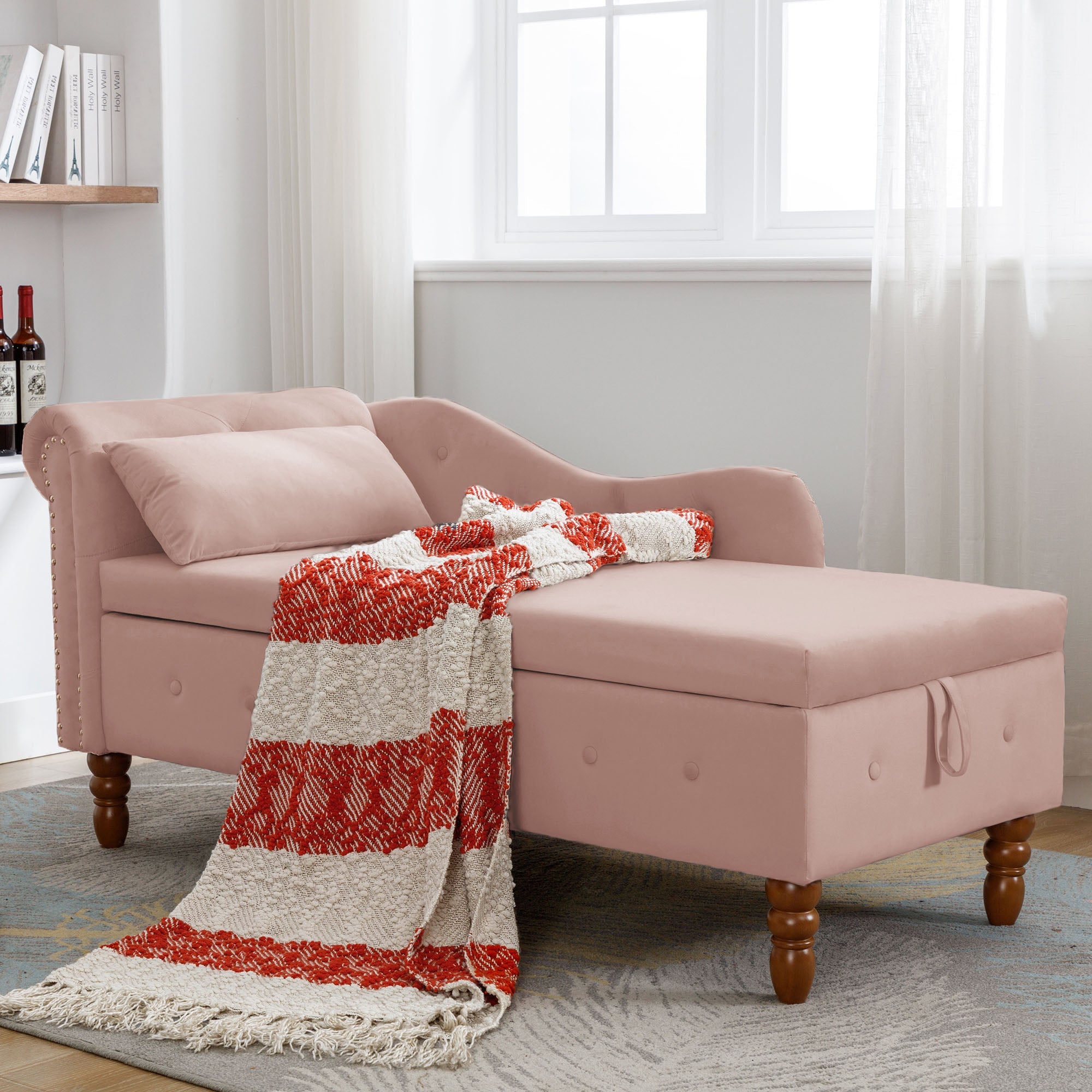 Tufted Velvet Upholstered Rolled Arm Nailhead Chaise Lounge