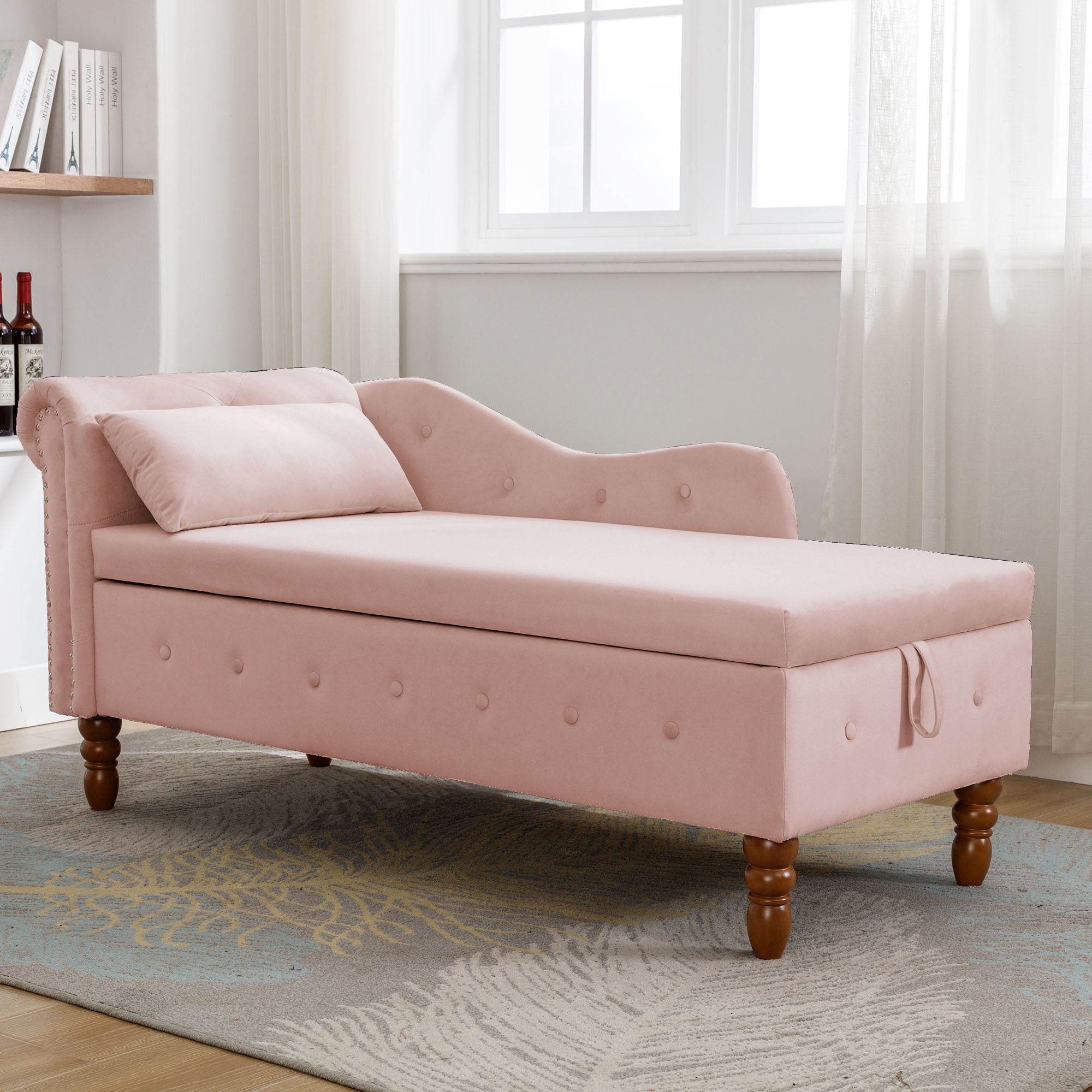 Tufted Velvet Upholstered Rolled Arm Nailhead Chaise Lounge