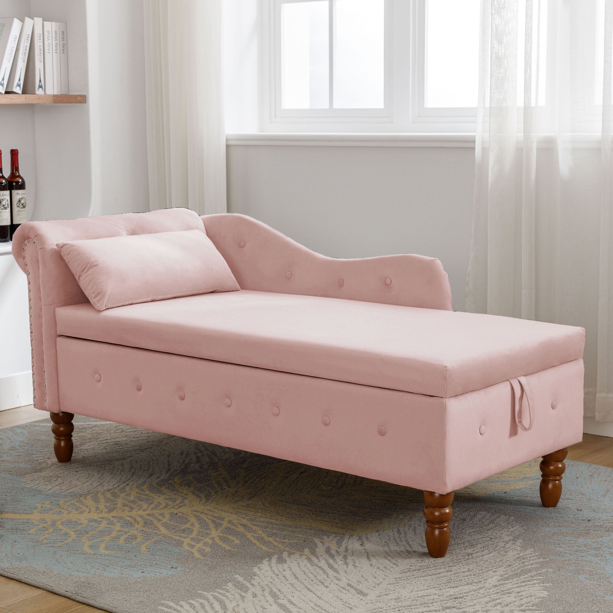 Tufted Velvet Upholstered Rolled Arm Nailhead Chaise Lounge