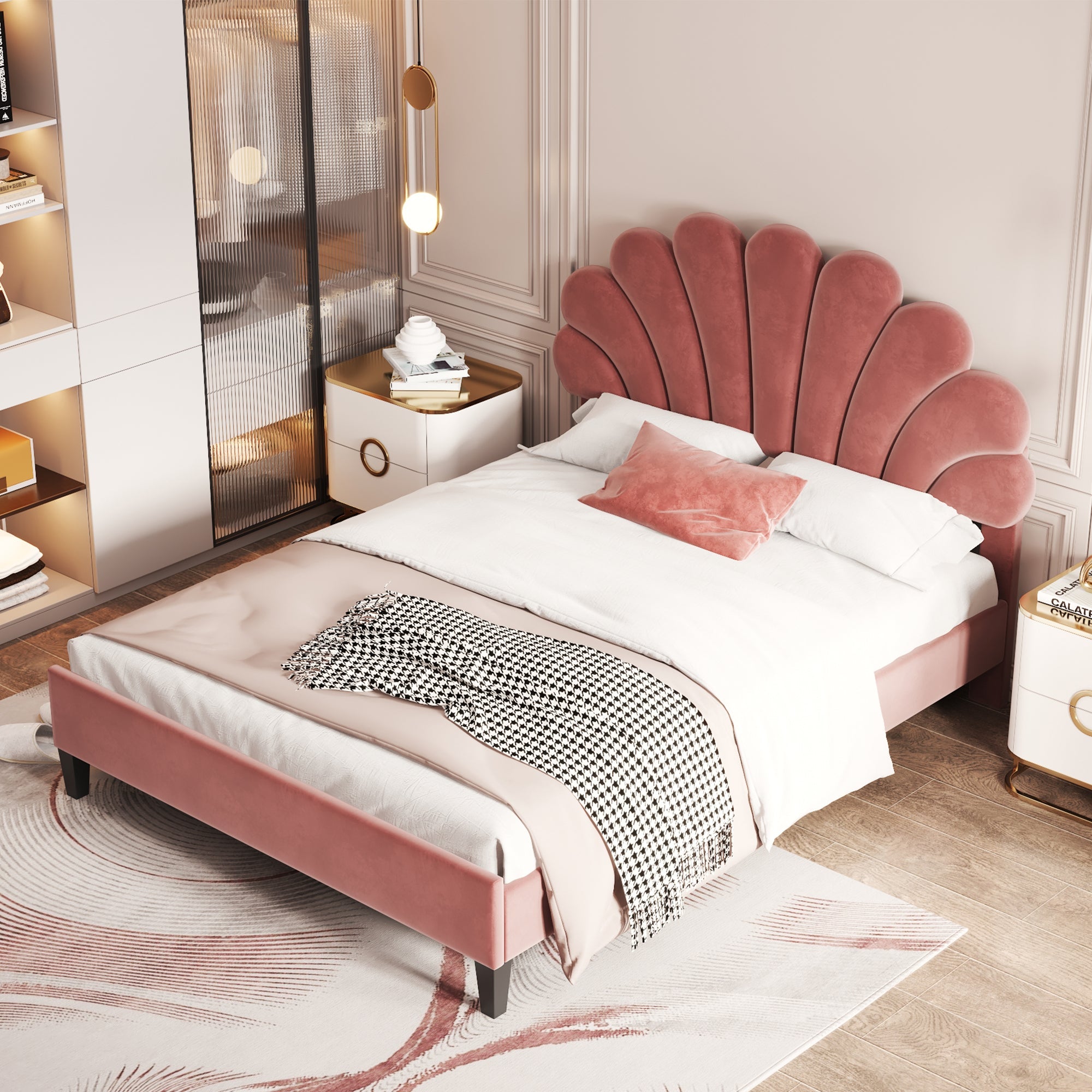 Flower Pattern Velvet Upholstered Bed