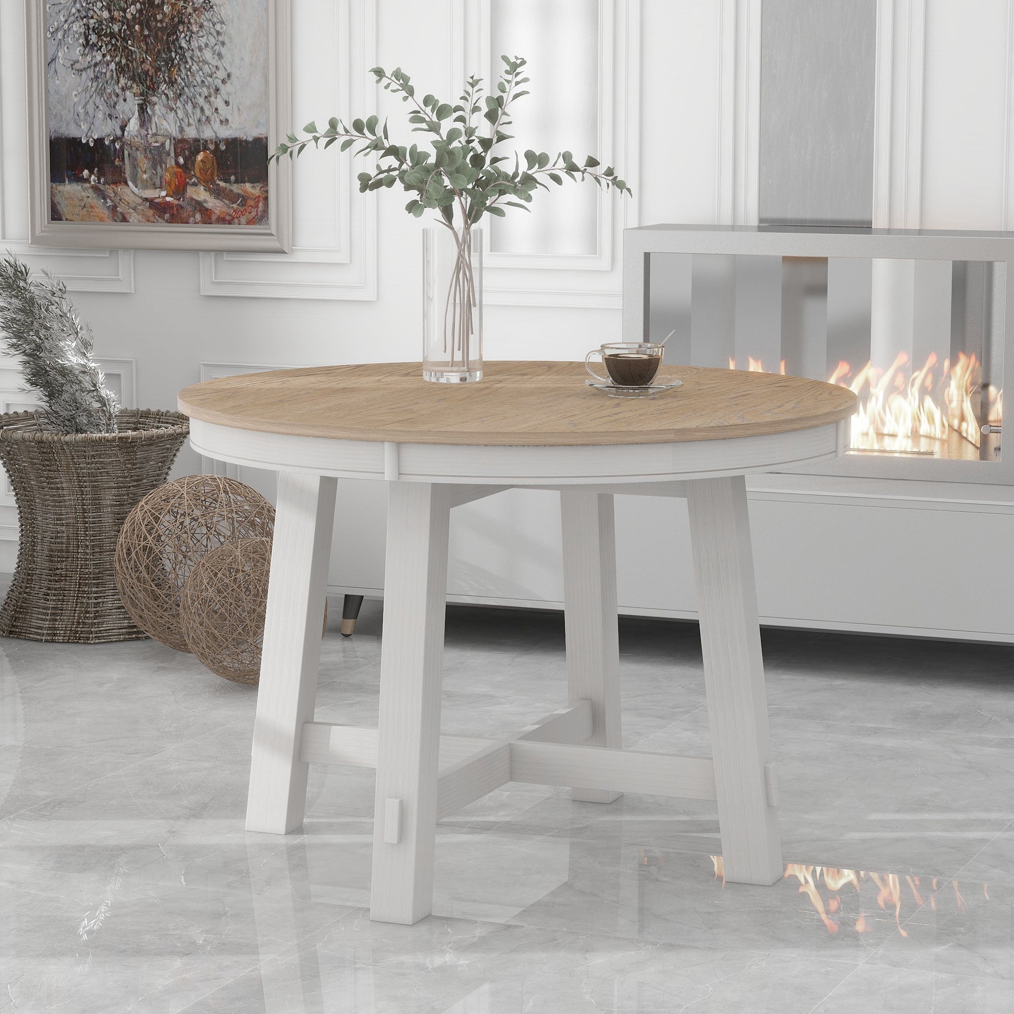 Farmhouse Round Extendable Dining Table with 16 Leaf