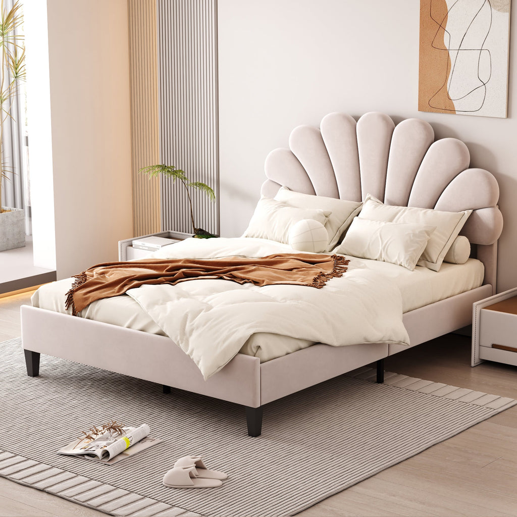 Flower Pattern Velvet Upholstered Bed