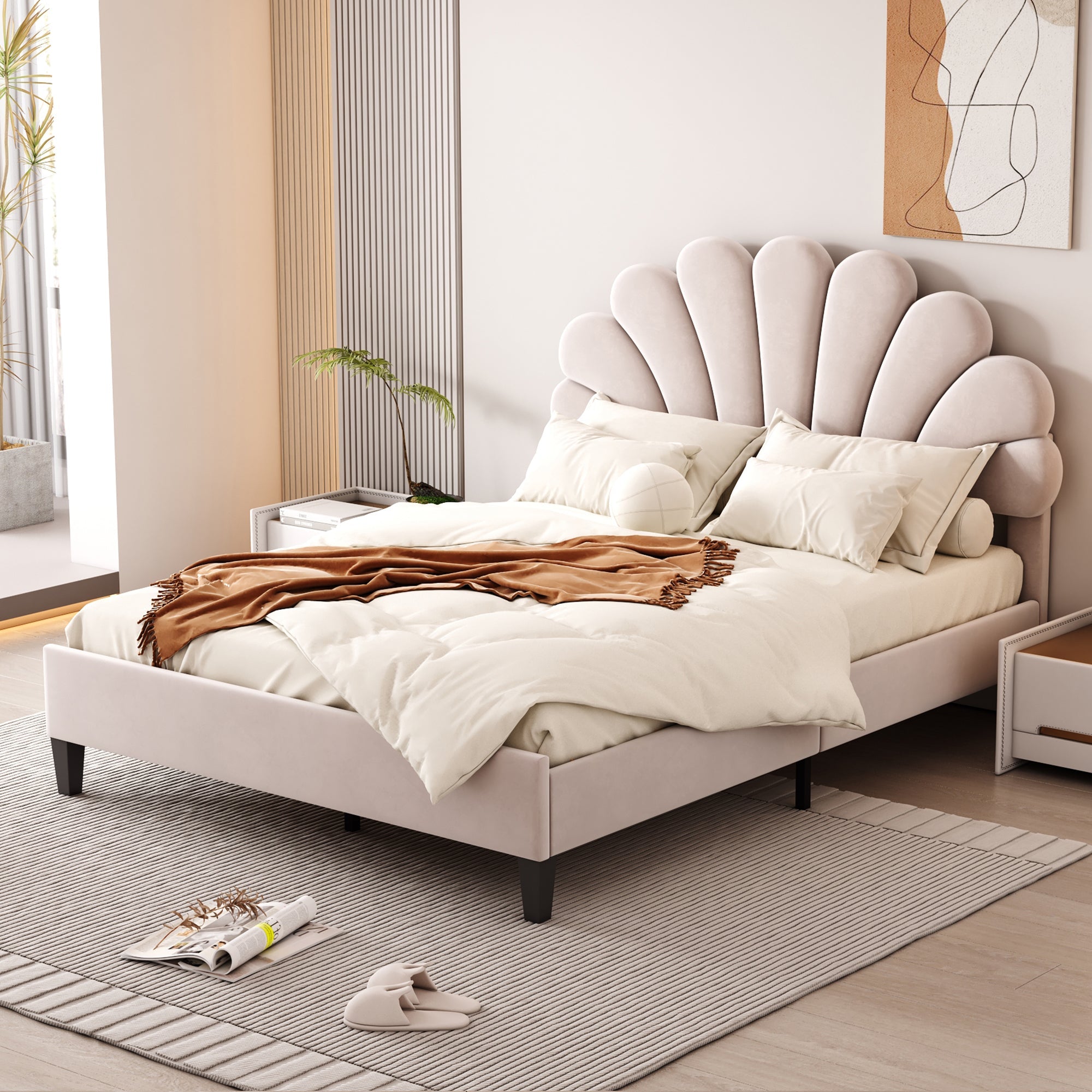 Flower Pattern Velvet Upholstered Bed