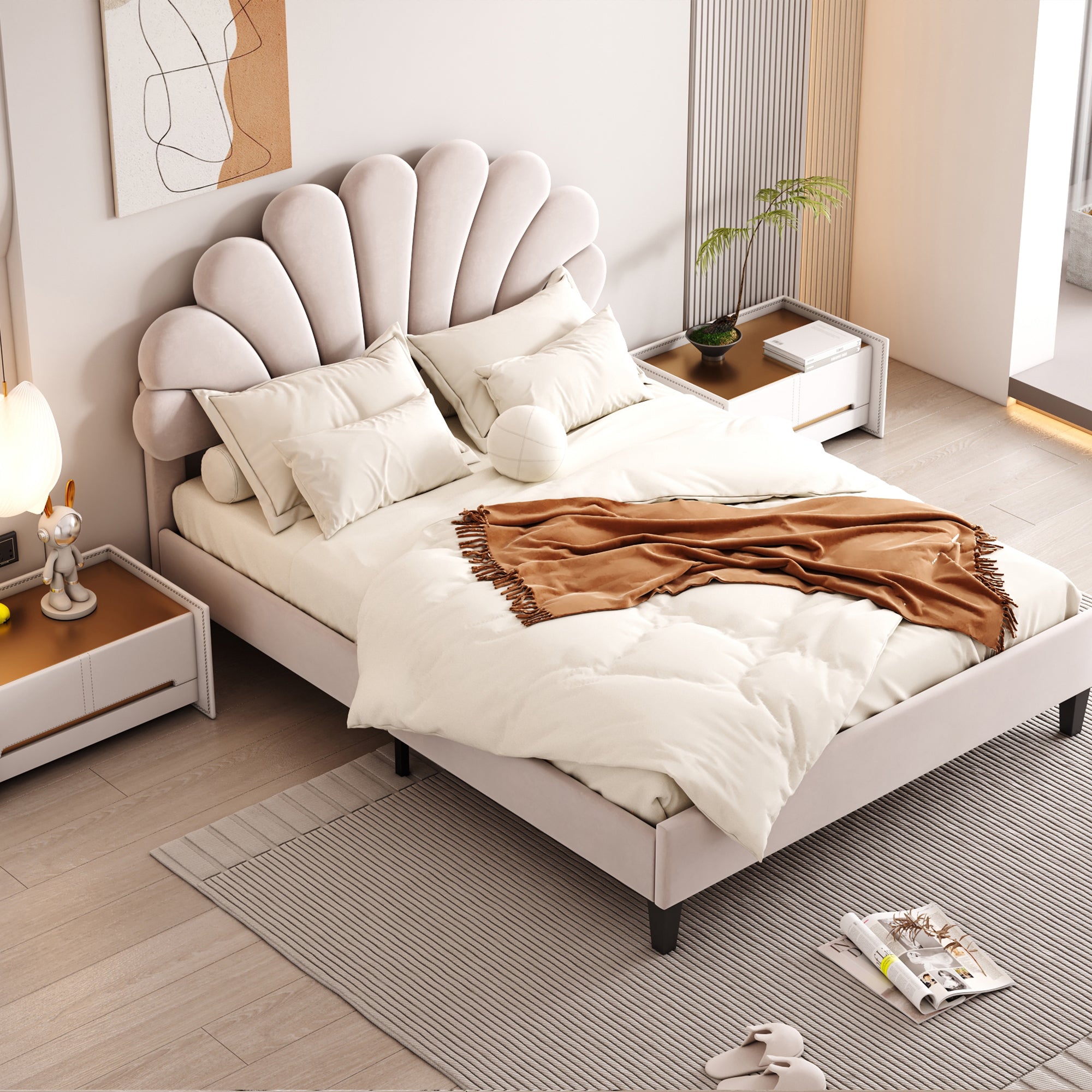 Flower Pattern Velvet Upholstered Bed
