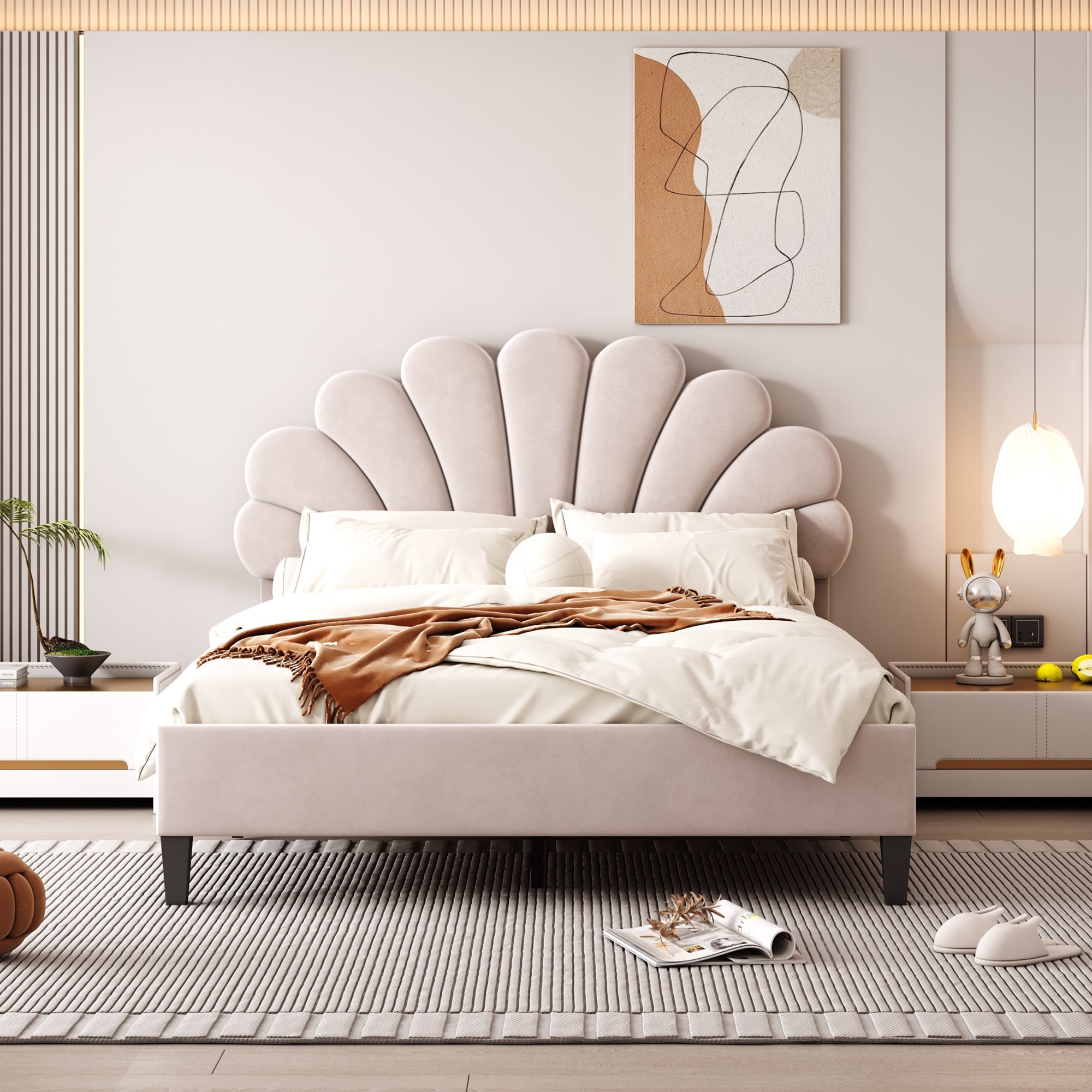 Flower Pattern Velvet Upholstered Bed